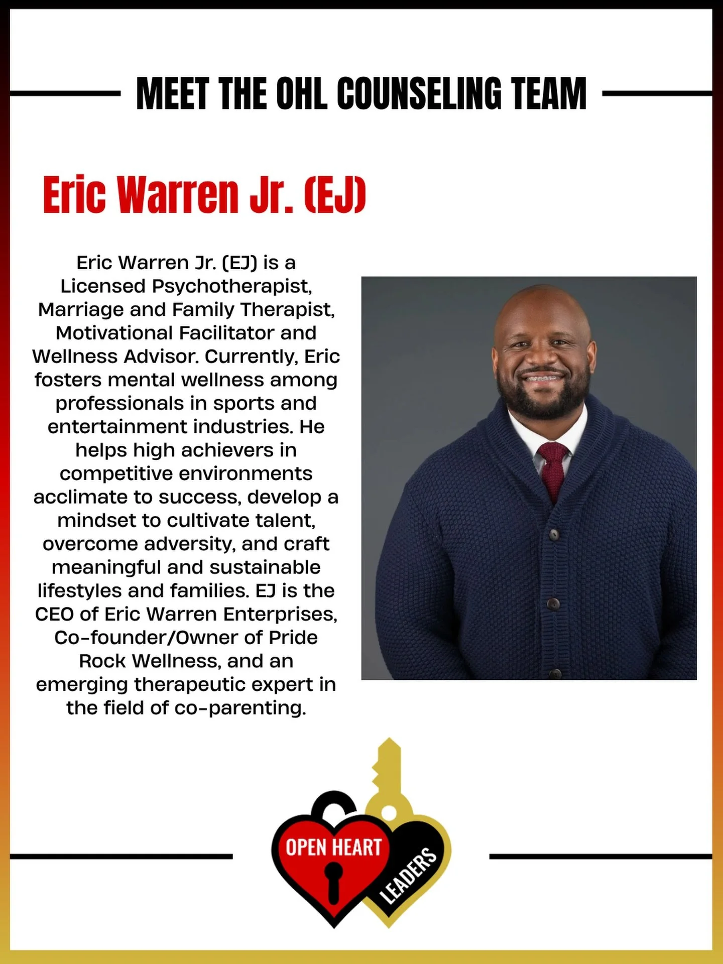Meet the one of the hearts behind the healing. 

Eric Warren Jr. (EJ) is more than a therapist, he&rsquo;s a guide for high achievers navigating pressure, purpose, and personal growth. EJ empowers individuals to build resilience, shift their mindset,
