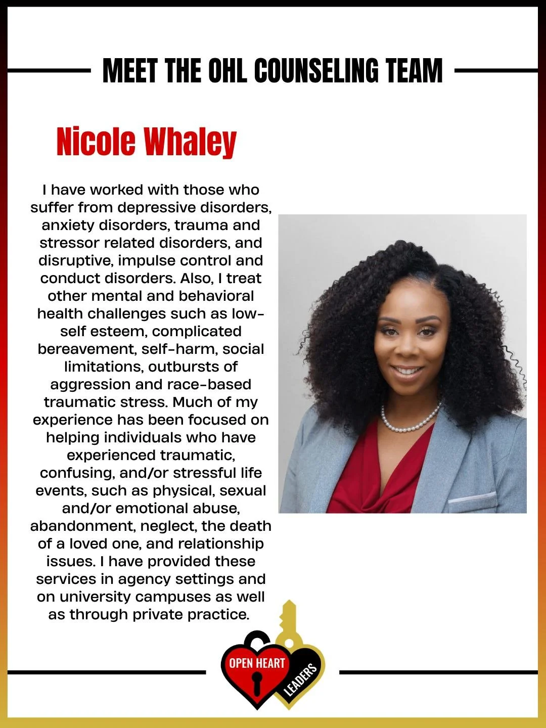 Meet the one of the hearts behind the healing. 

Nicole Whaley brings compassion, experience, and real support to those navigating trauma, anxiety, depression, and life&rsquo;s most difficult moments. From grief to growth, her work centers on helping