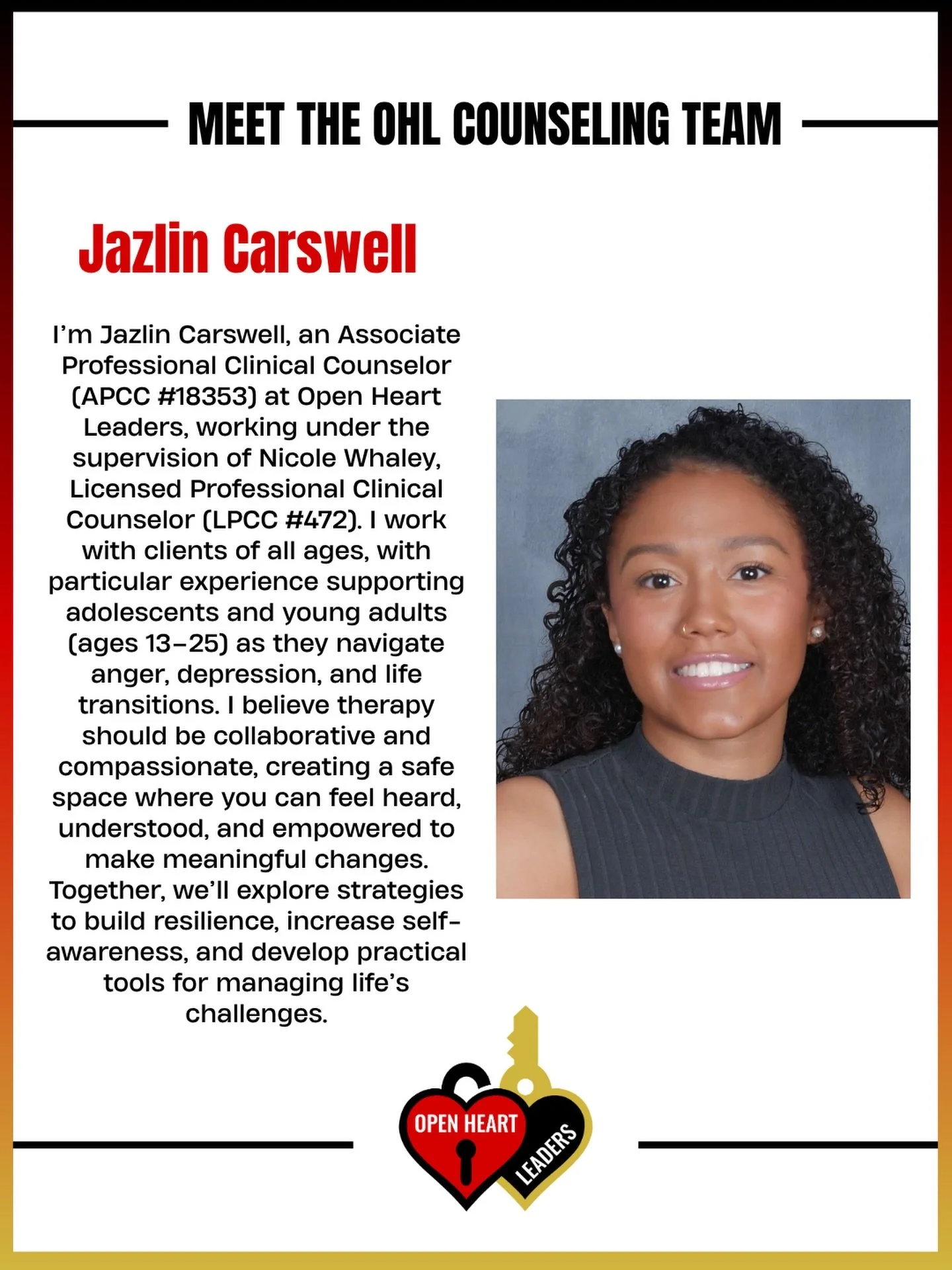 Meet the one of the hearts behind the healing. 

Jazlin Carswell, APCC, supports adolescents and young adults as they navigate life&rsquo;s challenges with compassion, collaboration, and care. Her approach focuses on building resilience, self-awarene