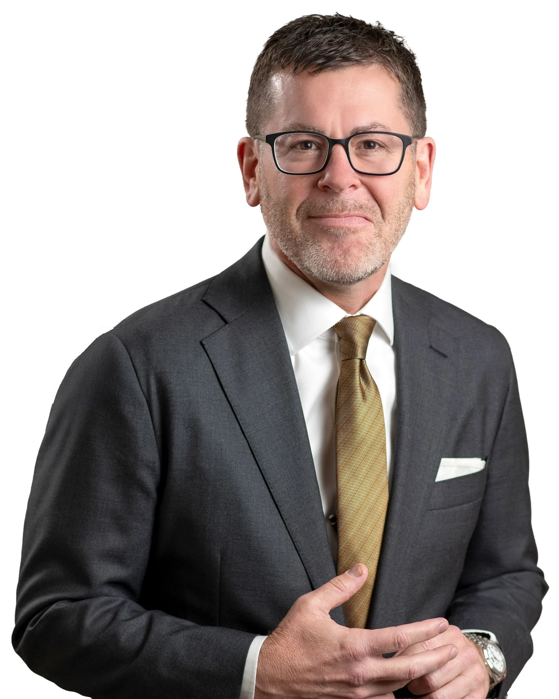 Attorney Steve Rice welcoming prospective clients to his firm's website. Upper half of his body is visible.