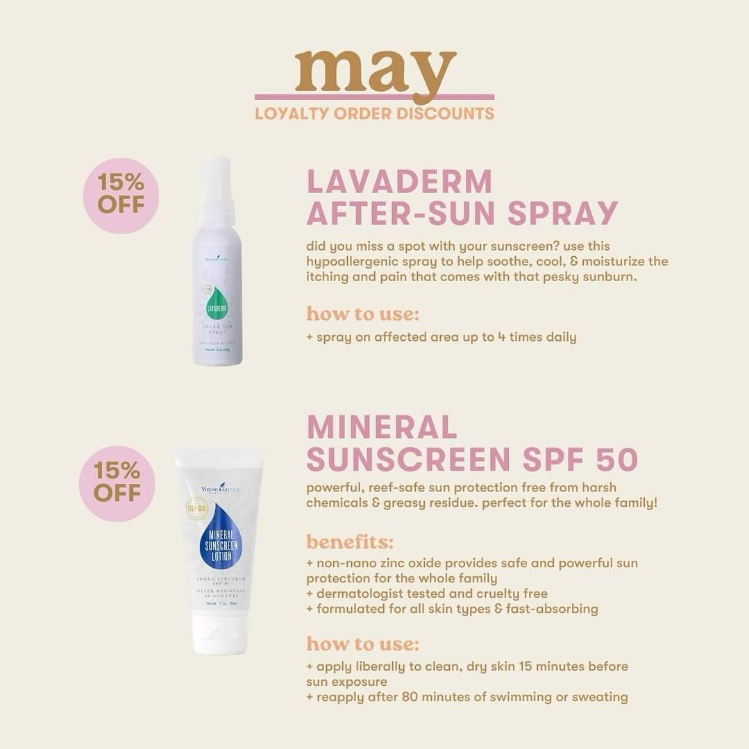 Two of my absolute FAVORITE summer must haves are 15% off on your loyalty order this month- no better time to stock up! 

Prevent sunburn with our favorite mineral sunscreen, but have lavaderm on hand in case you missed a few spots 🤪
Lavaderm not on