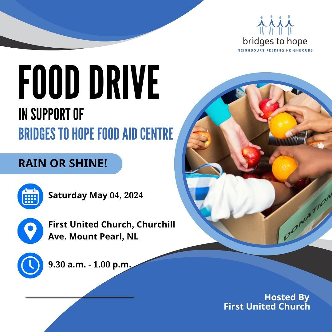 🥫 Join us for a spring food drive at First United Church! 🌷
Mark your calendars for Saturday, May 4th, from 9:30 am to 1 pm.

They host the food drive in support of us, Bridges To Hope Food Aid Centre. We&rsquo;ll be collecting non-perishable food 