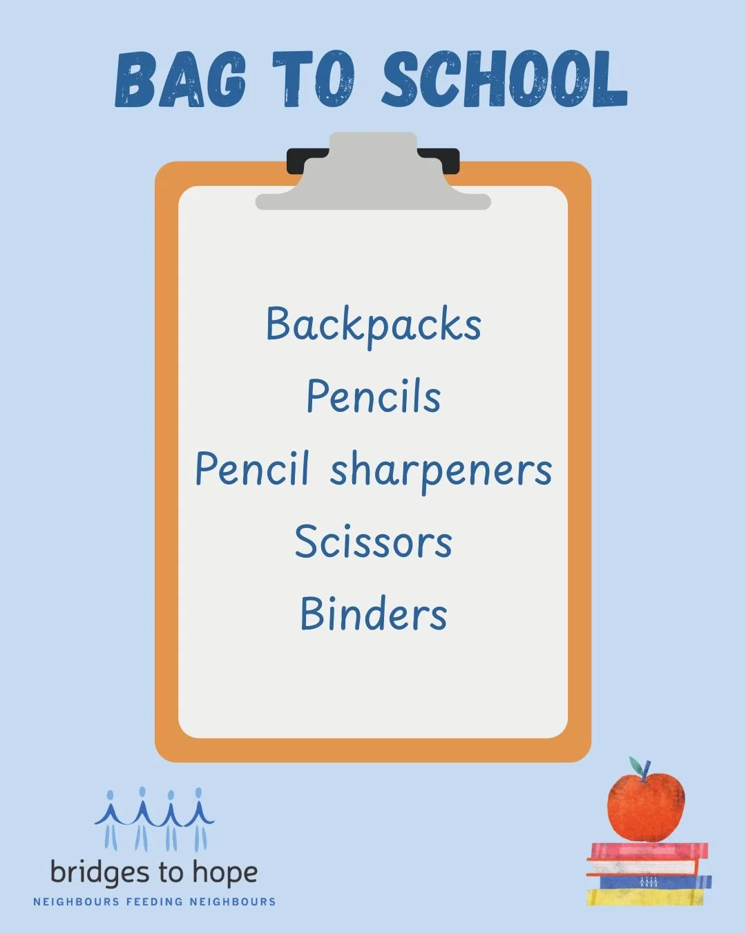 🍎 Bag to School Update |  August 21, 2025 🍎

So far we've distributed school supplies to over 600 K-12 students in the Metro region, and our team is continuing to work through our waitlist as supply donations arrive. We are running especially low o