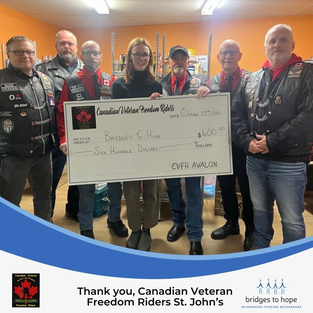 The Canadian Veteran Freedom Riders St John&rsquo;s stopped by with a generous donation in support of our food pantry! 🫶

Year after year, their kindness helps fuel our mission. Thank you so much, Canadian Veteran Freedom Riders - Avalon, NL  for yo