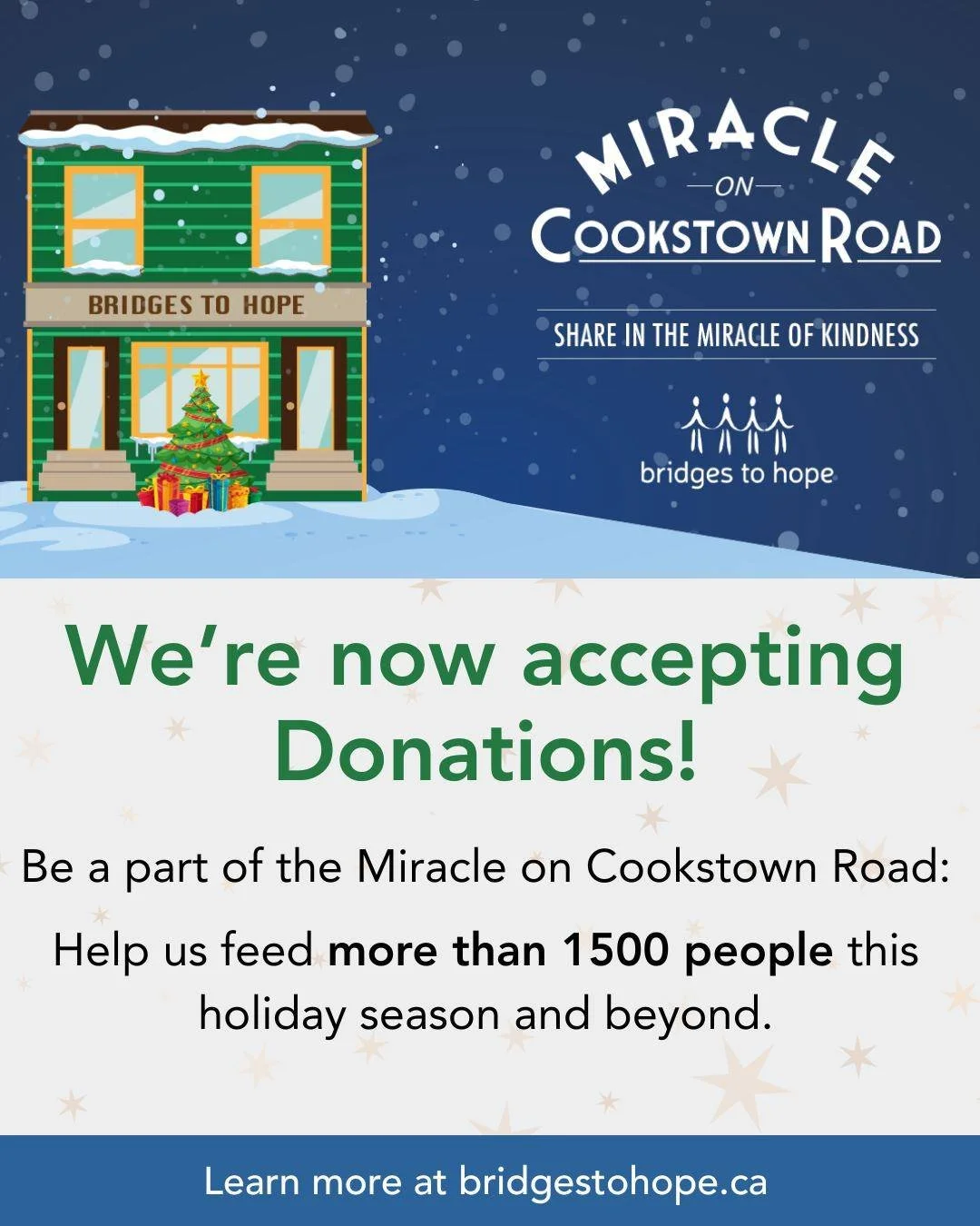 ✨🎄We&rsquo;re now accepting donations toward our Miracle On Cookstown Road campaign. Every contribution, big or small, helps make the season brighter for our neighbours. 🎁🥫

Each month, more than 1500 people turn to Bridges to Hope for food assist