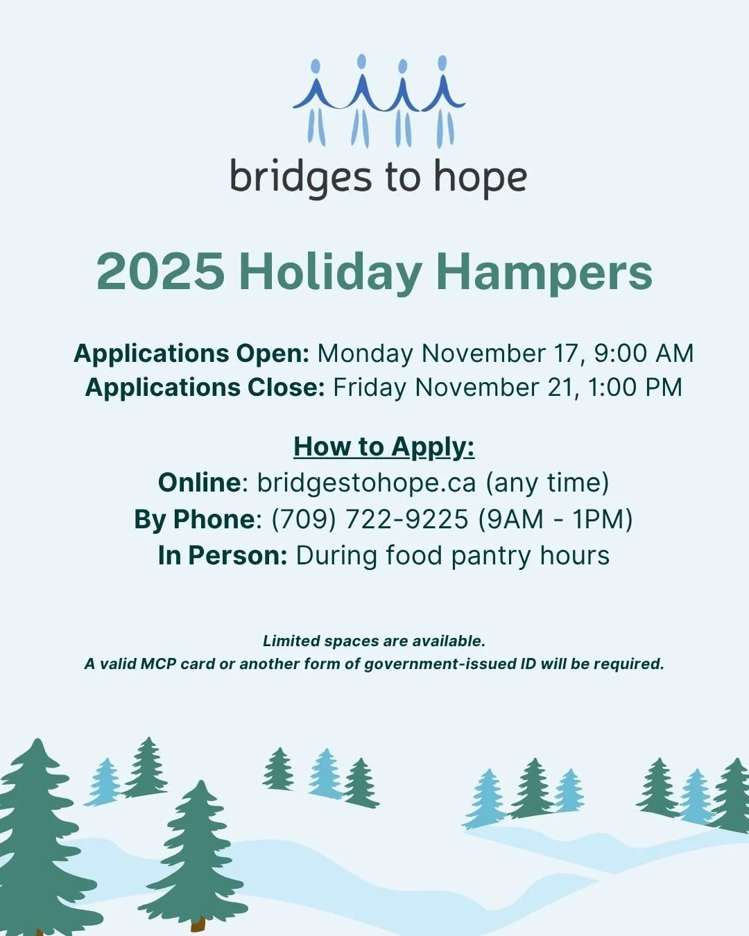 Applications for our holiday grocery gift card program are open until Friday November 21 at 1:00 PM.

This program is available to individuals and families who reside in the St. John's Metro region and are experiencing food insecurity this holiday se