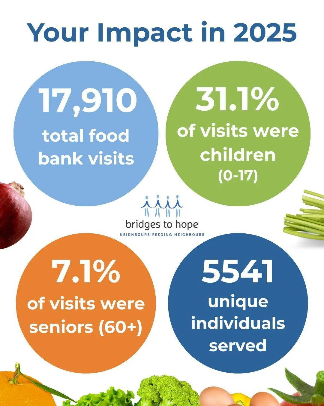 2025 brought challenges as the need for food assistance in the St. John&rsquo;s Metro region remained at historic highs. But every day, our community continued to show up in support of our neighbours. In 2025, our food bank saw:
 
🌟 17,910 total vis