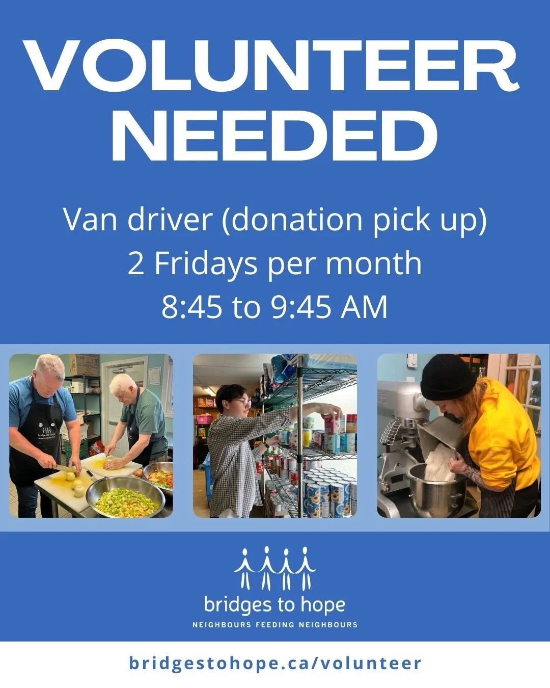 We're looking for a VOLUNTEER DRIVER to help with donation pick up runs a few times each month!

👉 Shift time: Bi-weekly on Fridays, 8:45 to 9:45 AM
👉 Requirements: Valid driver's licence, ability to lift up to 50lb

Sounds like a good fit? Please 