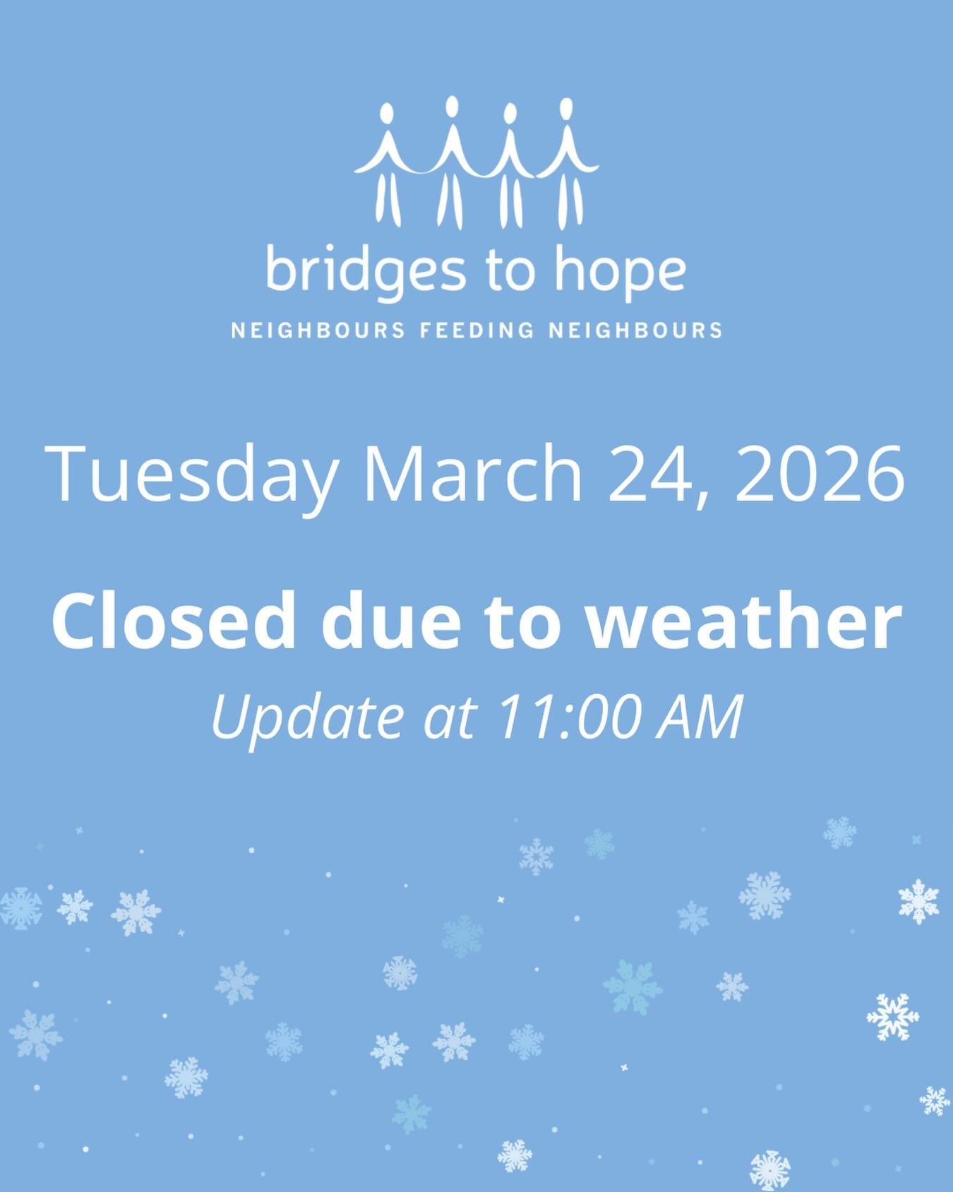 ❄️ Tuesday March 24, 2026 ❄️

Our office and food pantry are closed this morning due to weather. We will provide an update at 11:00AM.