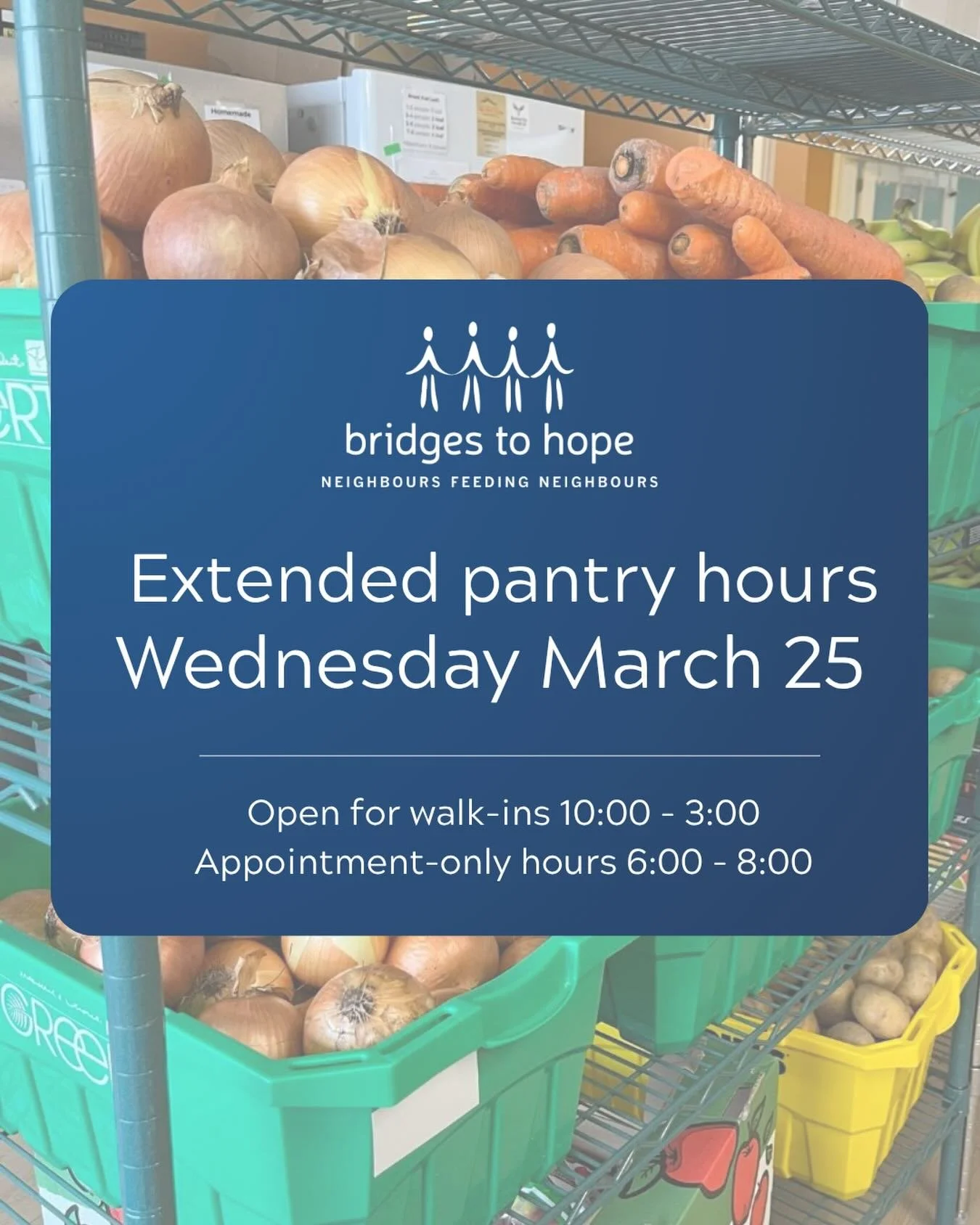 In case you need a bit more time to dig out from yesterday&rsquo;s storm, we&rsquo;re offering extended food pantry hours today, Wednesday March 25.

We&rsquo;re open for drop-in hours from 10:00 - 3:00. We also have appointment-only hours from 6:00 