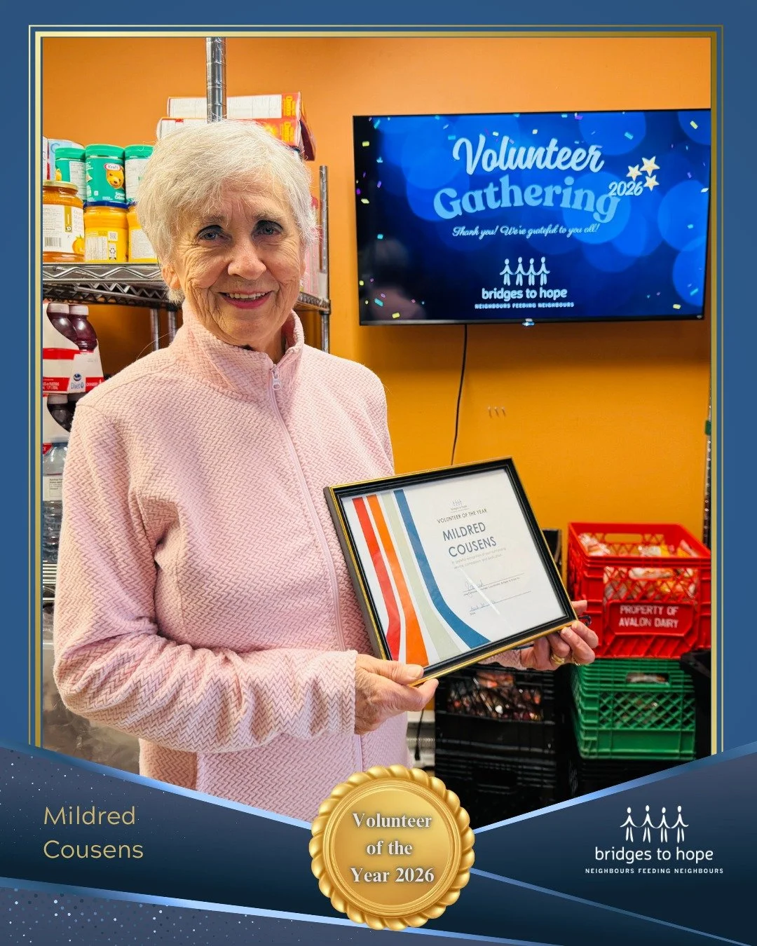 ✨ Introducing our 2026 Volunteer of the Year: Mildred Cousens! 💙

Mildred&rsquo;s recognition reflects her outstanding 32 years of service at Bridges to Hope, caring for our neighbours since our very early days. Every Wednesday morning, she continue