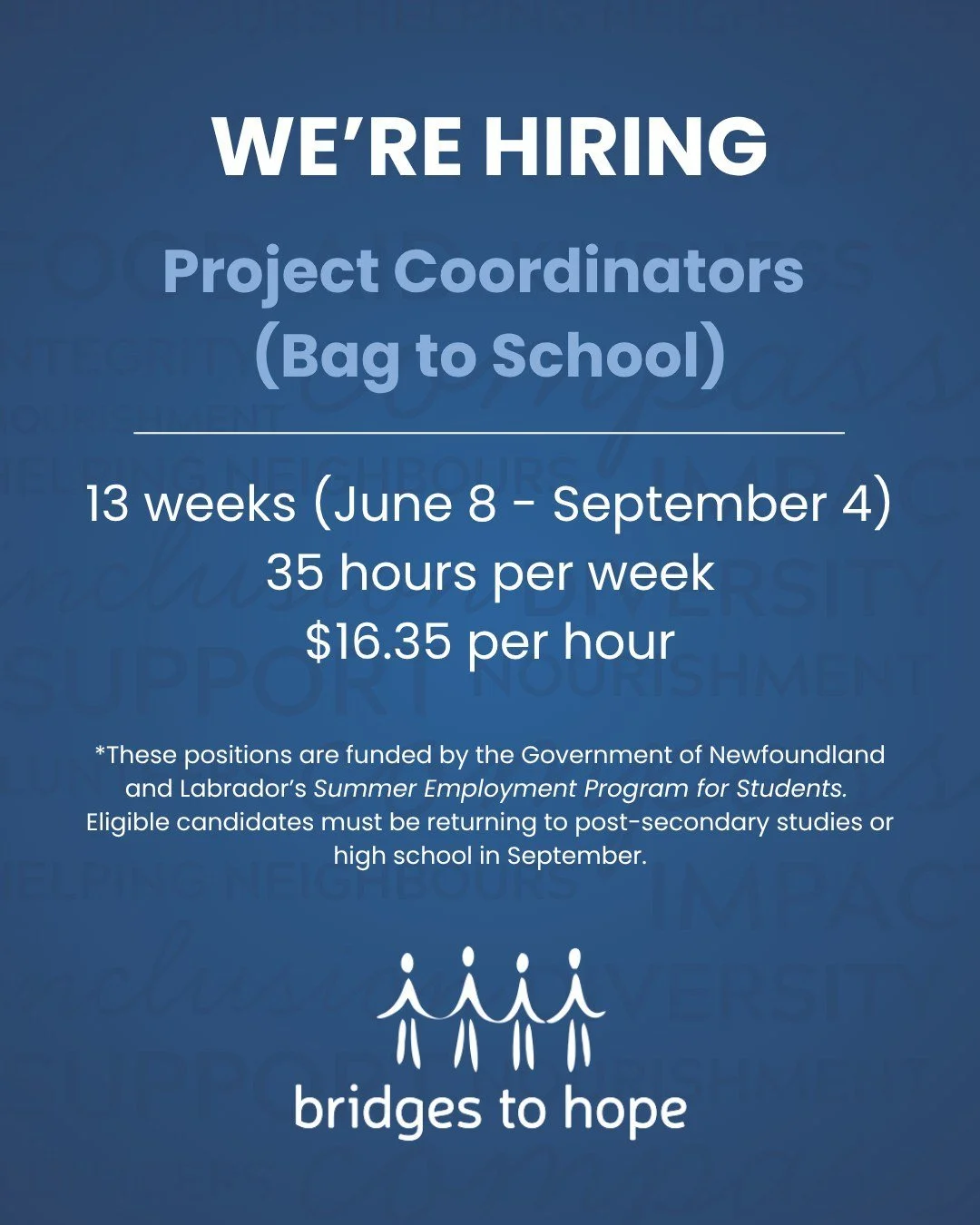 We&rsquo;re hiring two Project Coordinators to oversee our Bag to School program this summer! 🎒🌞

Project Coordinators will be responsible for participant registration, procurement of supplies, coordination of volunteers, and distribution of backpa