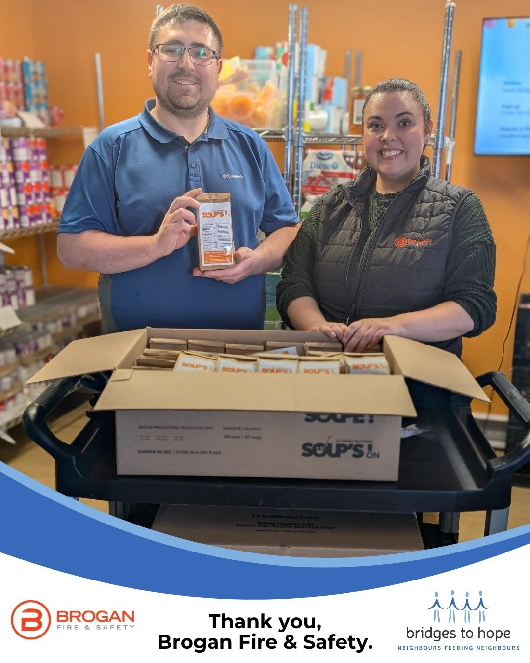 💙 Our sincere thanks to Brogan Fire and Safety for dropping off pre-made dry soup kits in support of our food pantry.

The Brogan team came together as part of a team-building activity to prepare these thoughtful soup kits using ingredients provided