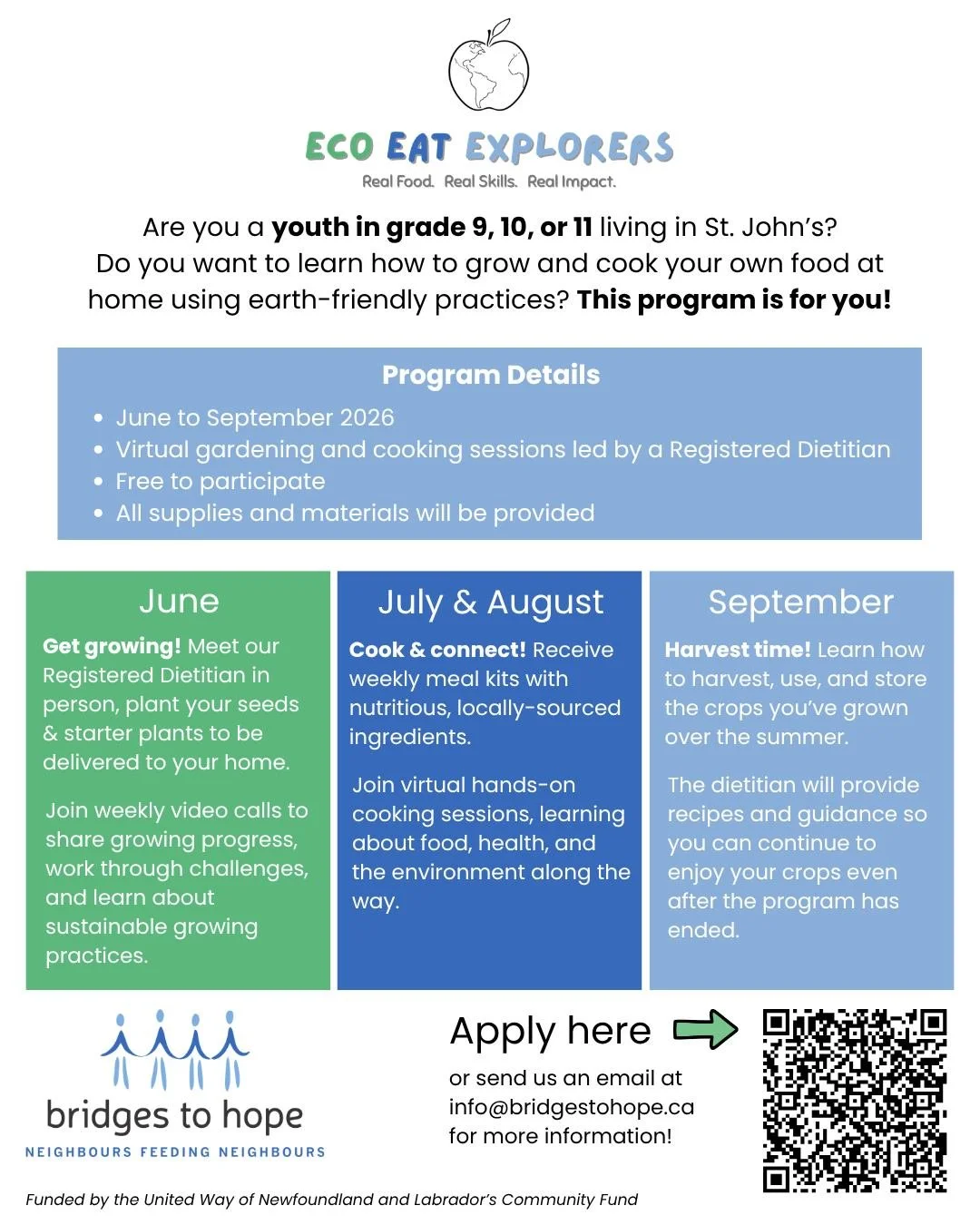 Are you a youth in grade 9, 10, or 11 in St. John's? Do you want to learn how to grow and cook your own food at home using earth-friendly practices? This program is for you! 🥕🌍
 
With funding from the United Way of Newfoundland and Labrador's Commu