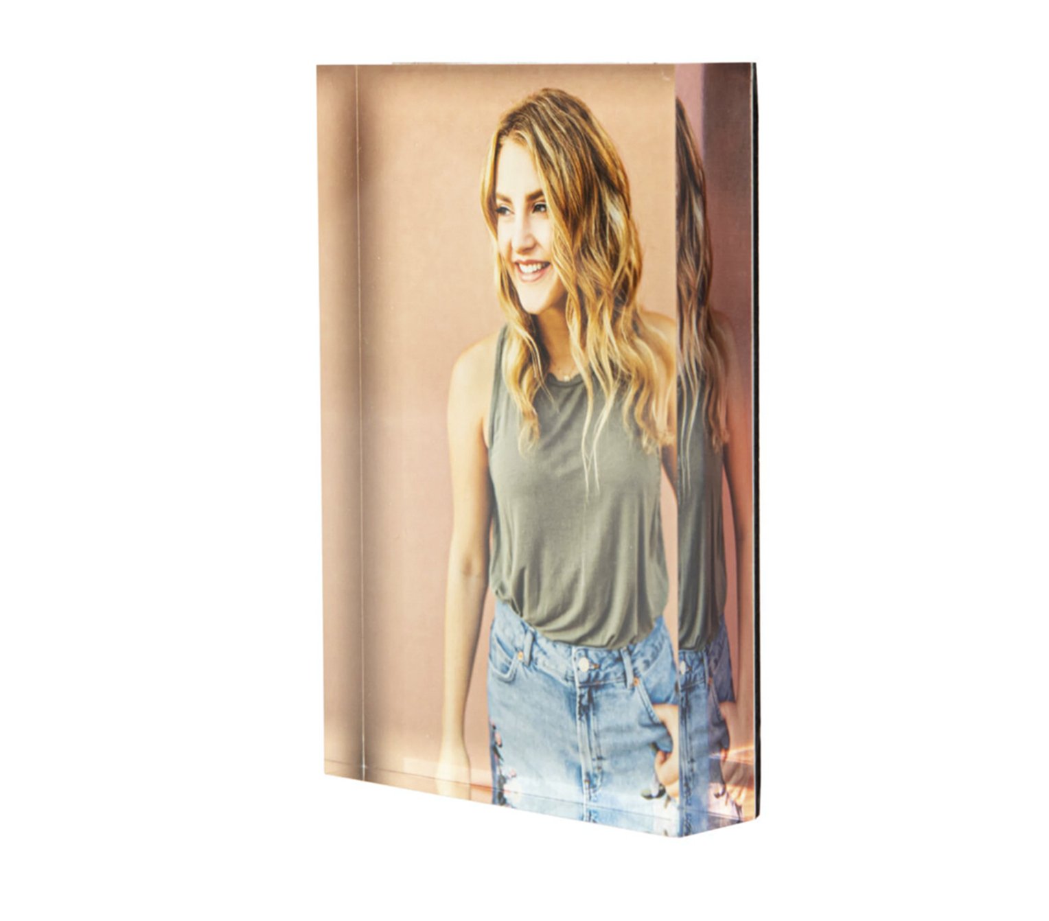 Acrylic block photo display with image of a woman