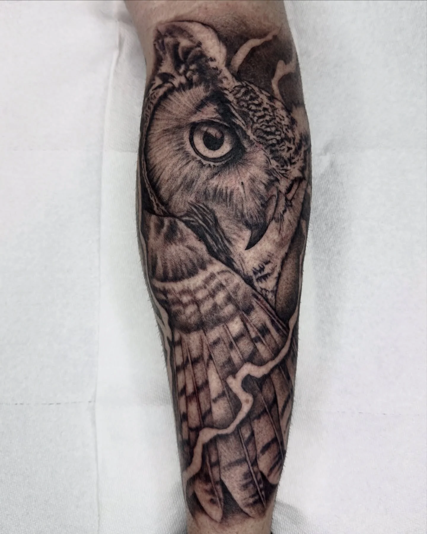 Owl to fill John&rsquo;s calf 🦉 

#owltattoo #savannahtattoo #blackandgreytattoos
