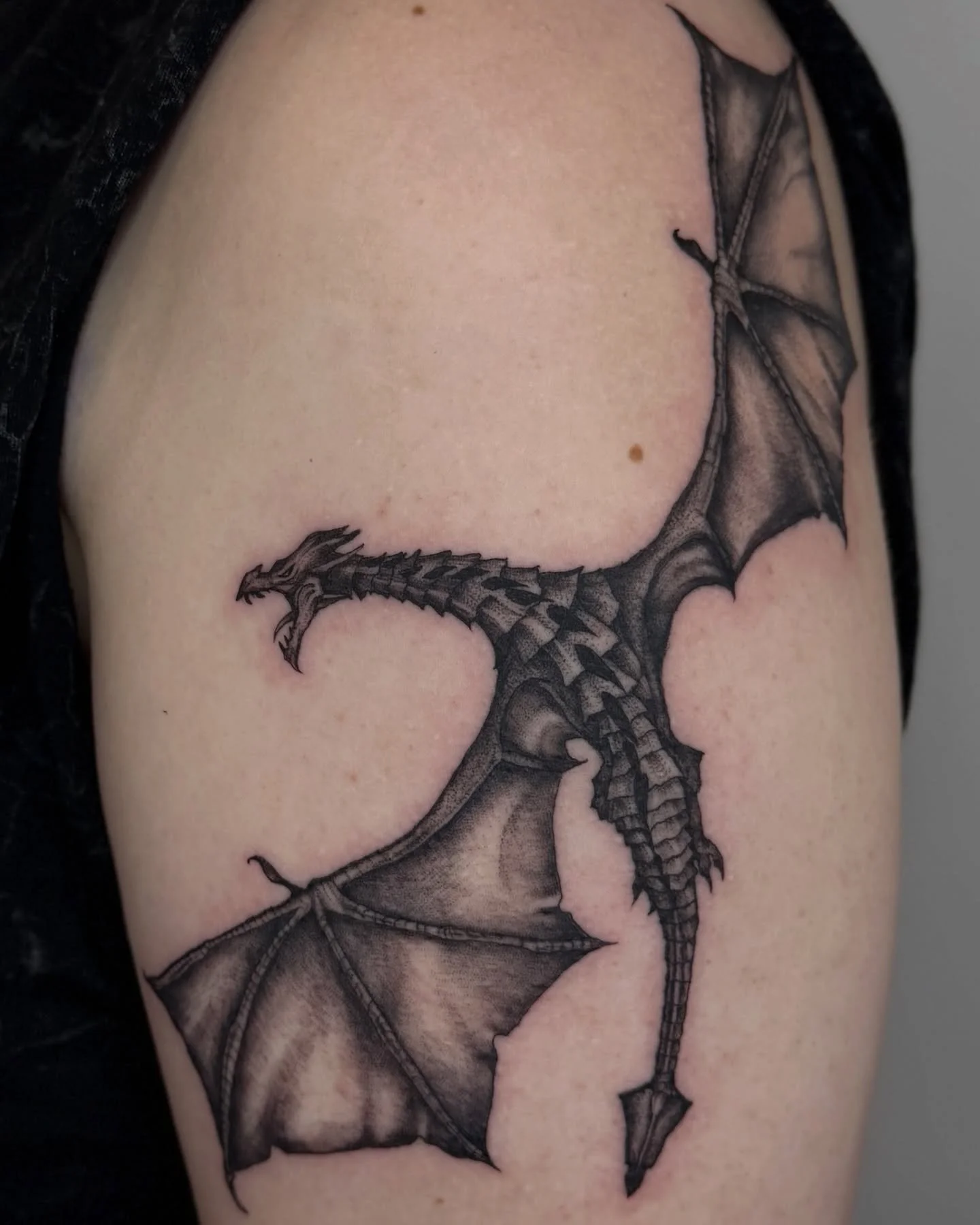 The dragon Odahviing from Skyrim for Logan&rsquo;s first tattoo. Thanks again!