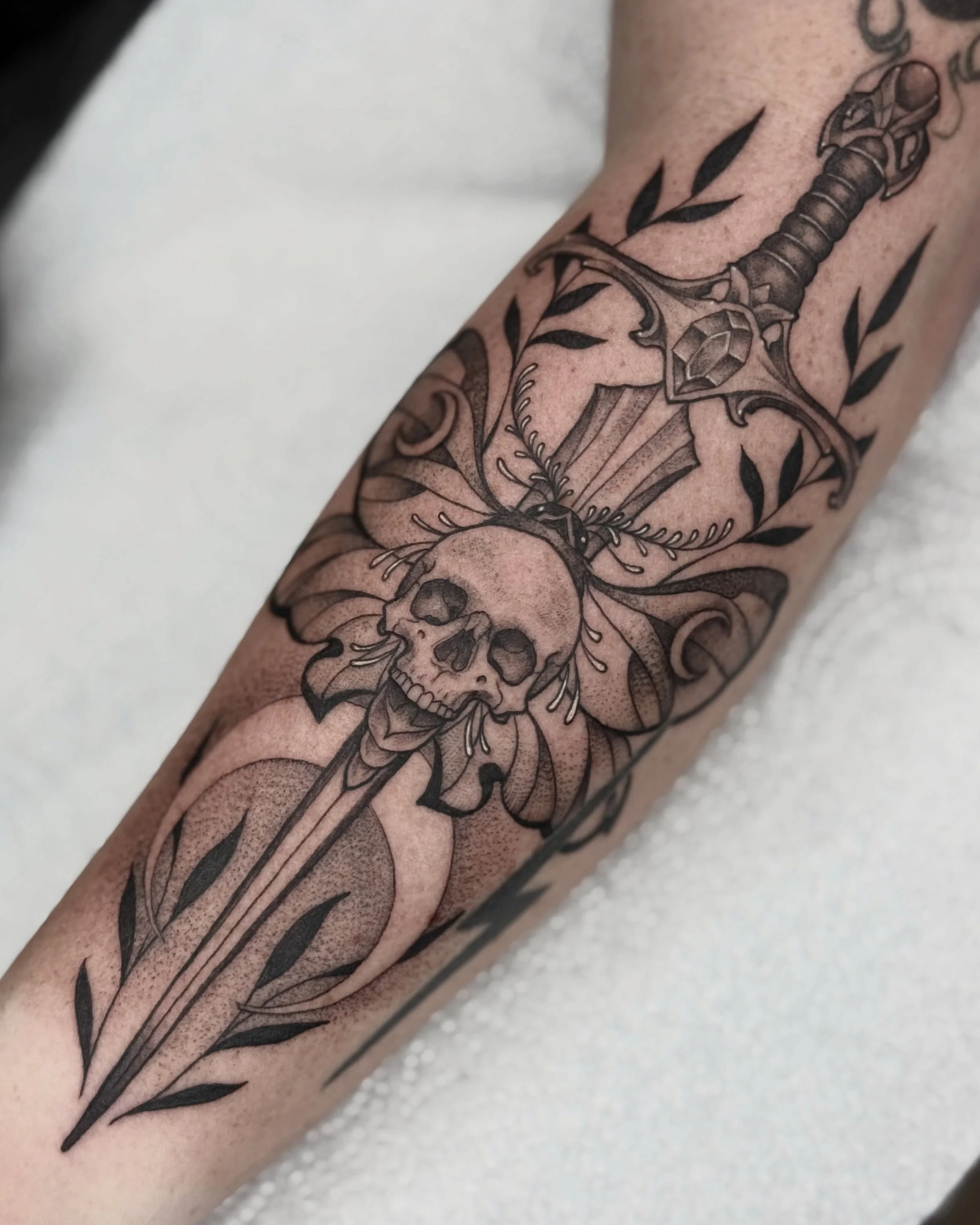Skull moth + blade tattoo for Jo