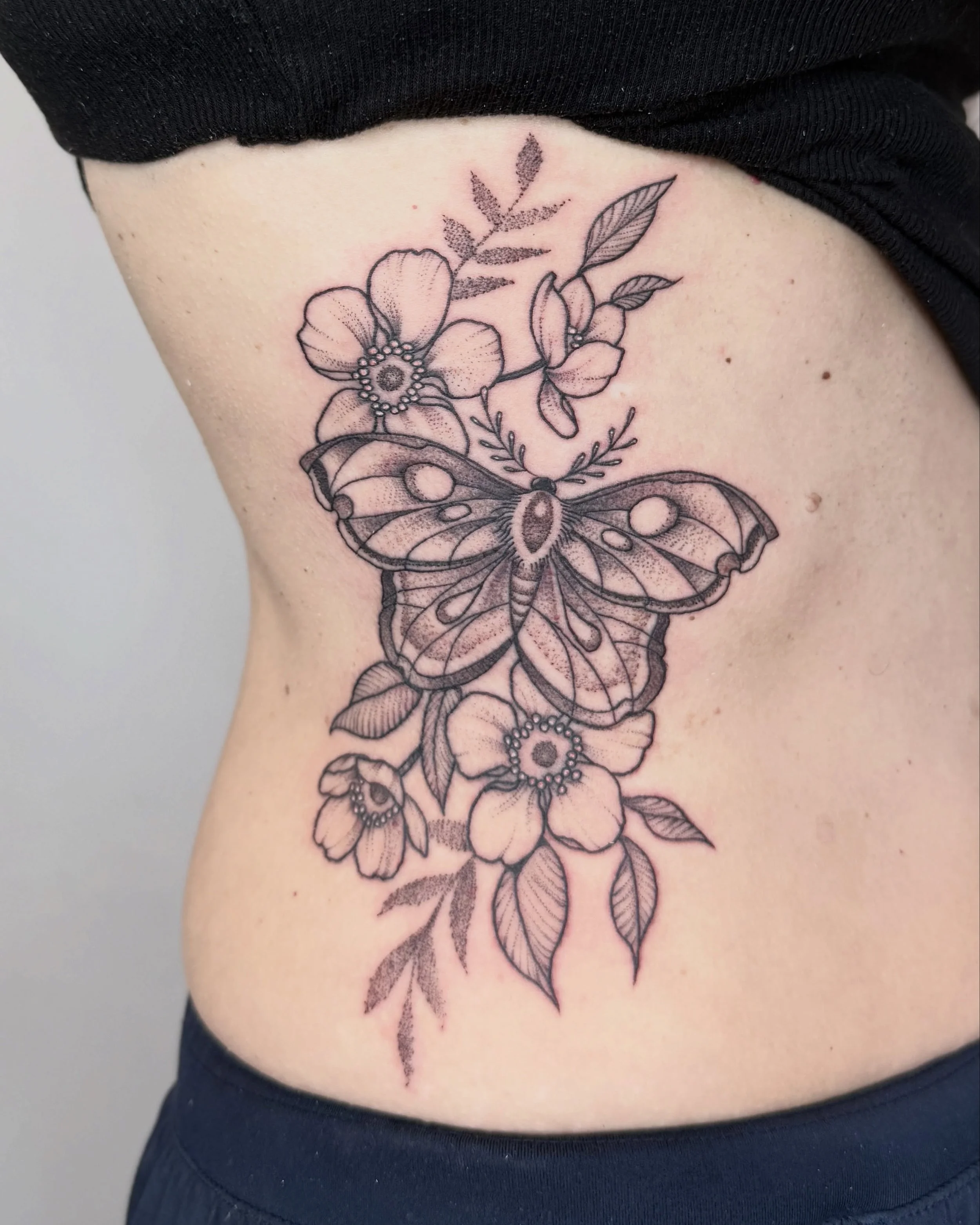 A moth in the flowers for her side. Swipe to see the ✍️ process.

Thanks again I love making this stuff

I&rsquo;ve got a few spots open the first week of November, then a few more spread out through the rest of the month, let me know if I can make y