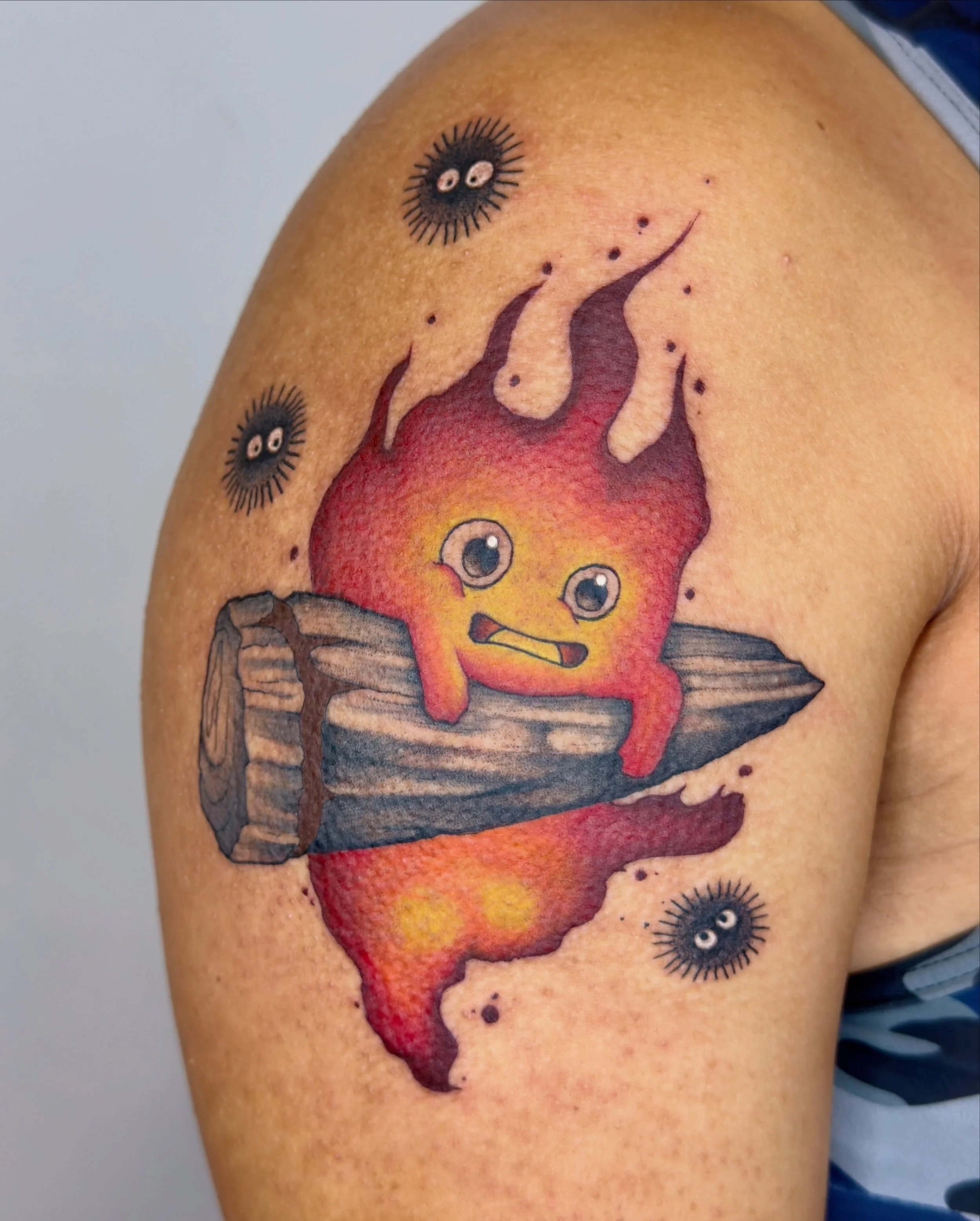 Calcifer from Studio Ghibli&rsquo;s Howl&rsquo;s Moving Castle. The first piece of a Ghibli sleeve!

I make mostly black and gray tattoos, but I love laying down some color when I get the chance.

Also, I&rsquo;m a big anime nerd 🤓 so had a blast wi
