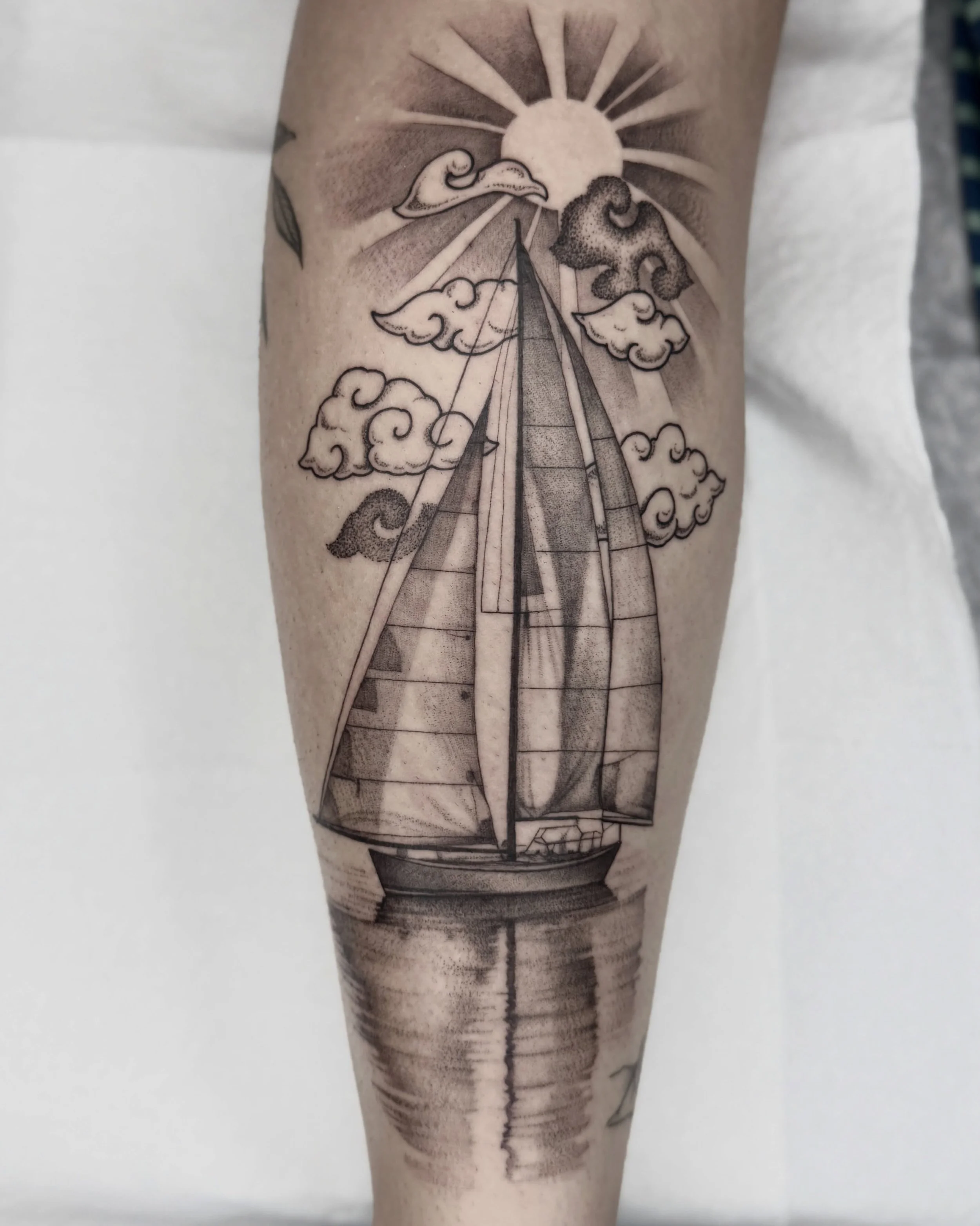 sailboat + clouds 

back of the lower leg tattoo and an addition to her sleeve

Thanks again Morghan!

Close up of sky and sail

Angles

Standing view