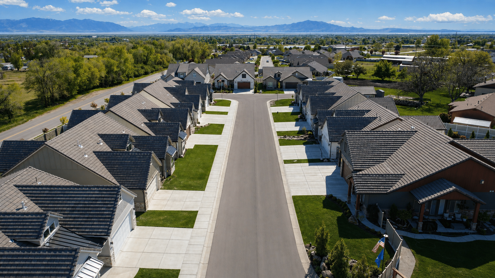 Aerial view of a suburban neighborhood with rows of houses, green lawns, and a wide street, mountains visible in the background.