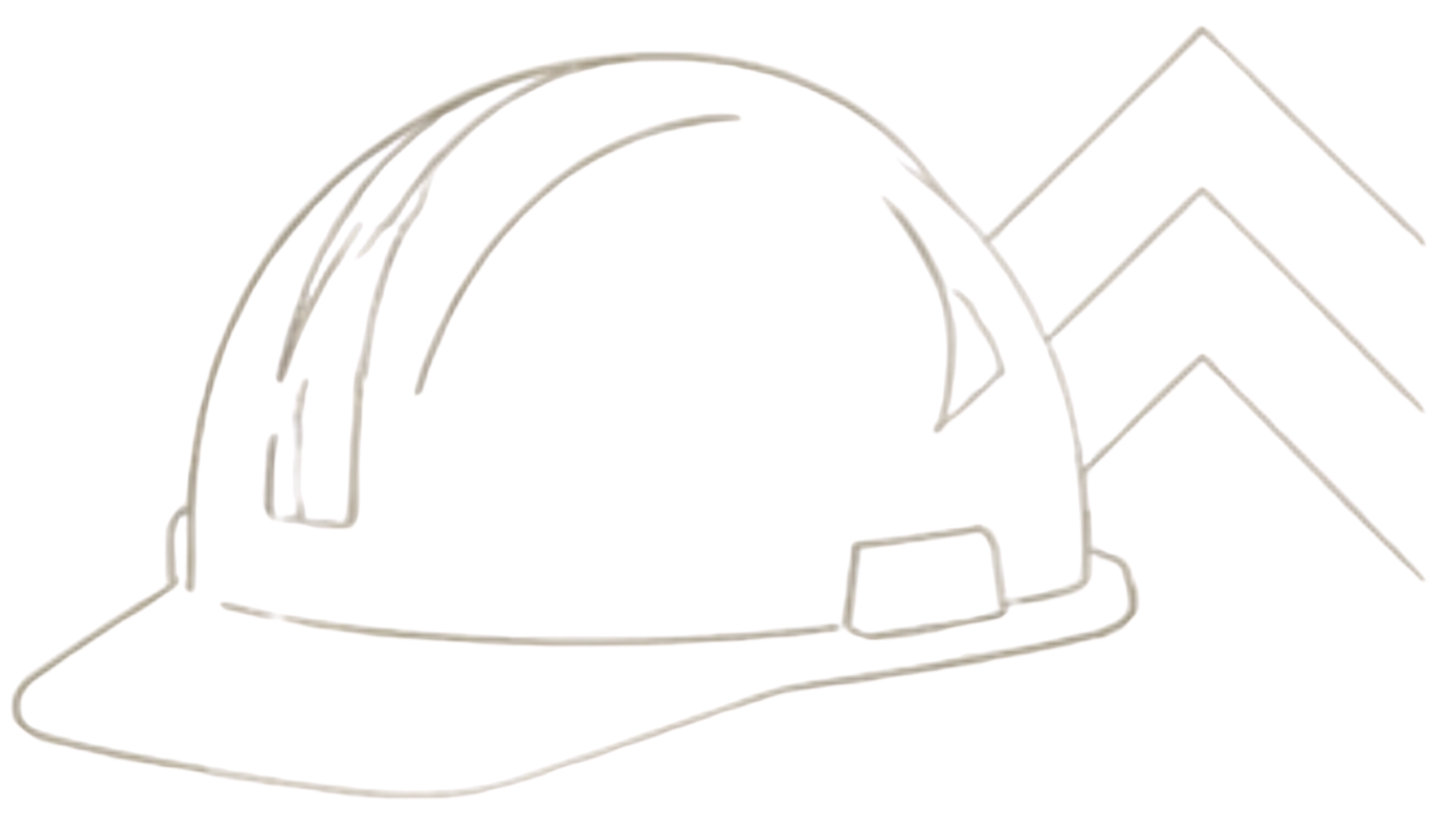 A stylized icon of a construction helmet with a shadow underneath, with part of a pink building and another gray building in the background.