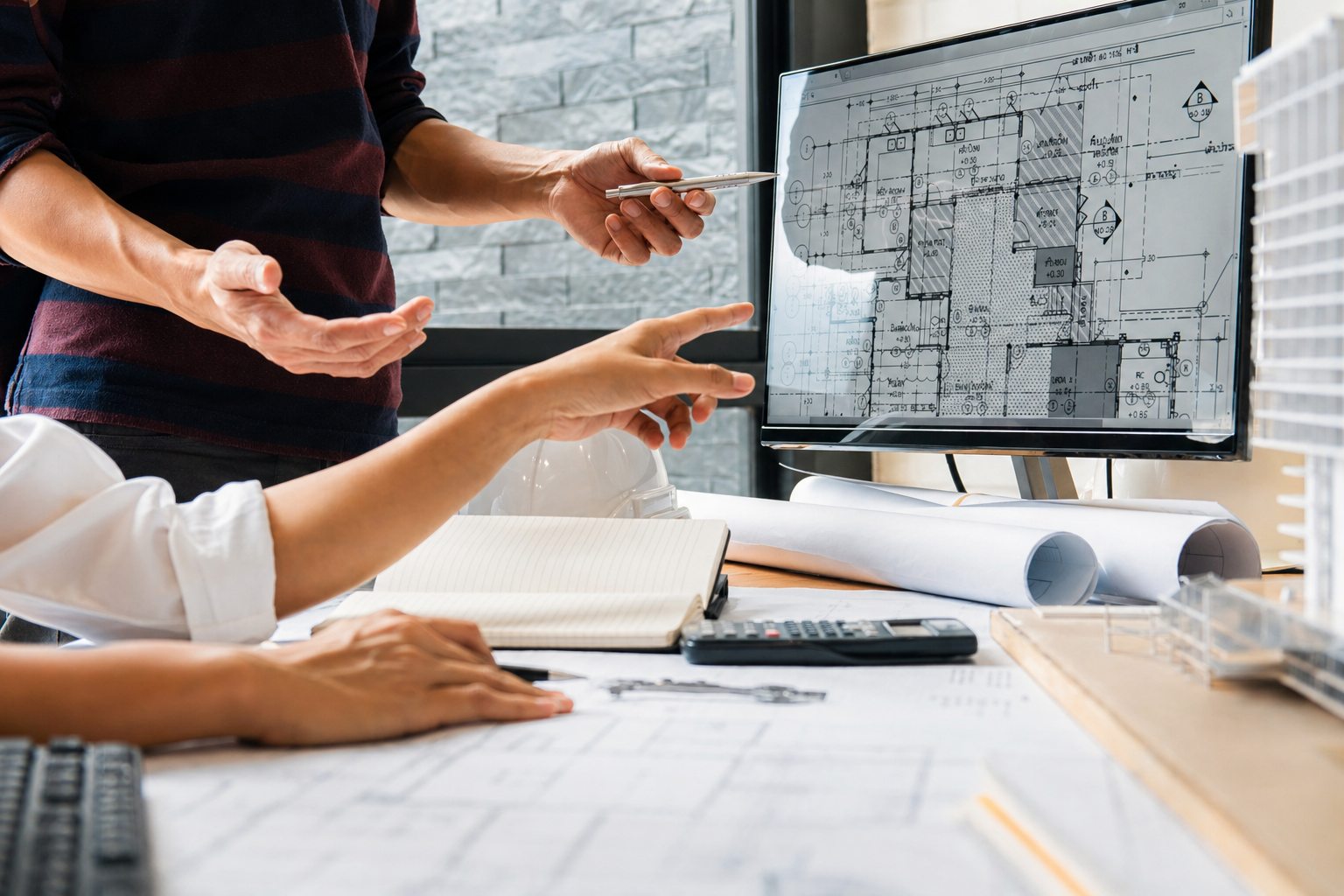 Two people reviewing architectural plans on a computer screen, with drafting tools and rolled plans on the table.