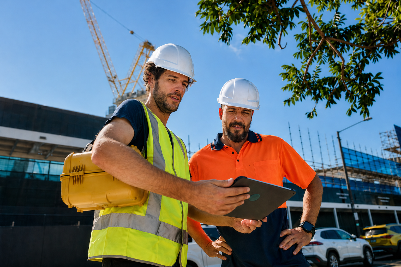 Two construction workers wearing white hard hats and safety vests review plans on a tablet at a construction site with cranes and modern buildings in the background.