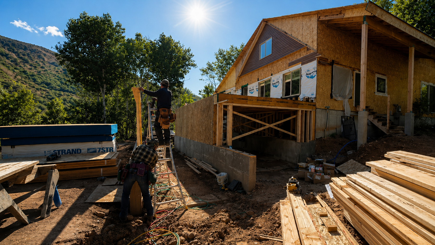 Construction workers building a house on a hillside under a sunny sky, with trees and mountains in the background. The house's frame is partially completed with wooden structures, and various construction materials are scattered around.