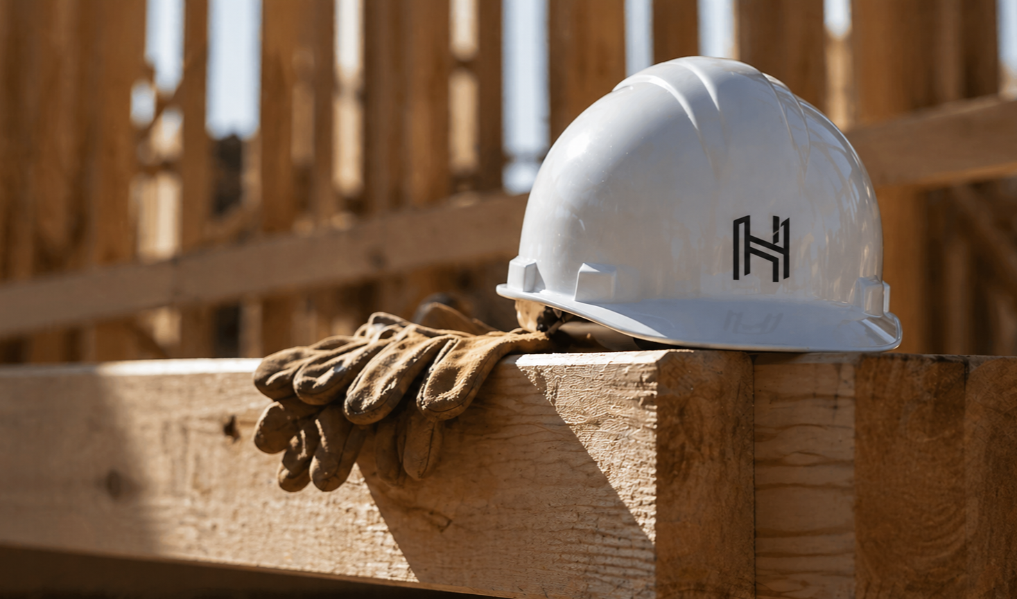 A white construction helmet and brown work gloves resting on a wooden beam at a construction site.