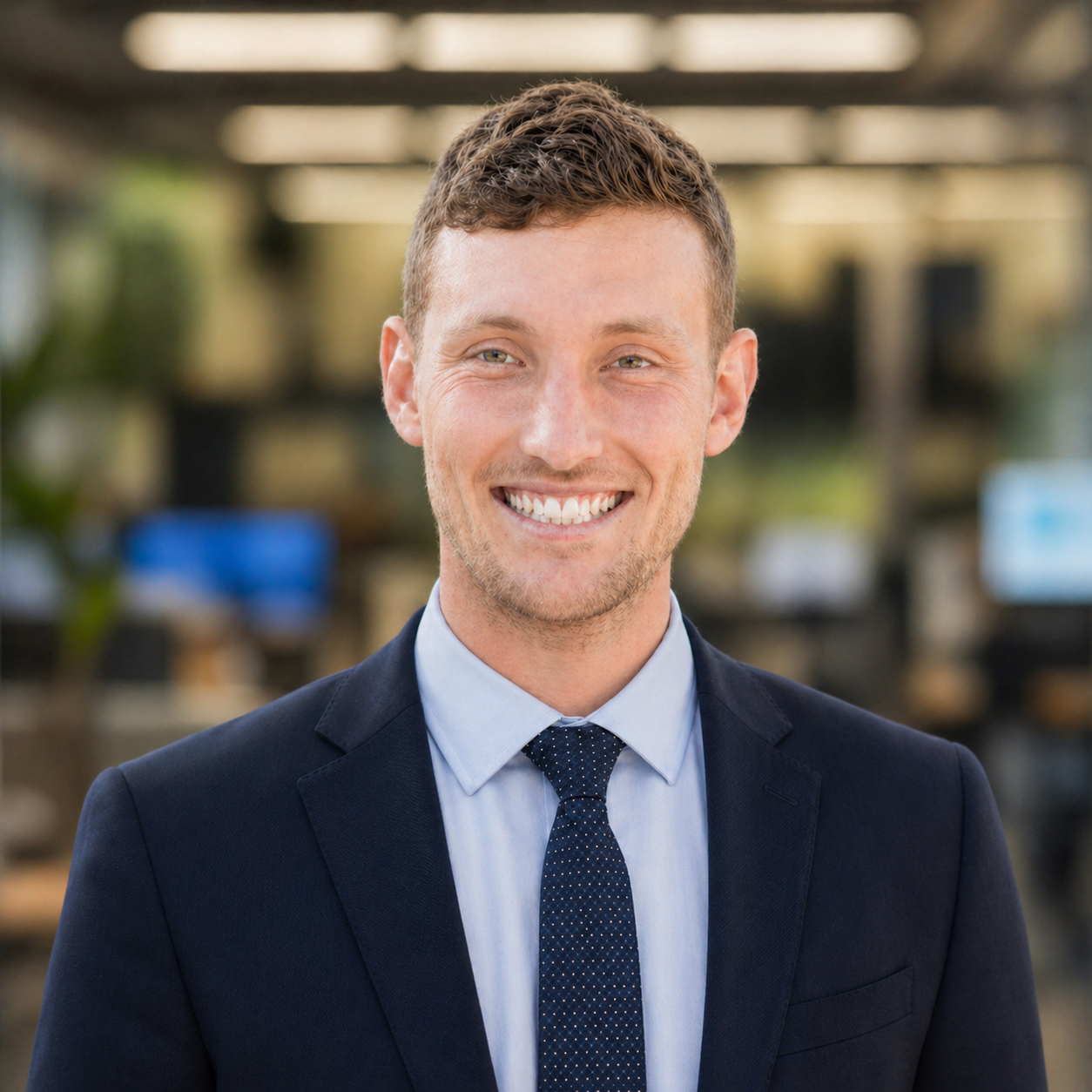 A smiling young man in a navy suit and tie standing outdoors with blurred background.