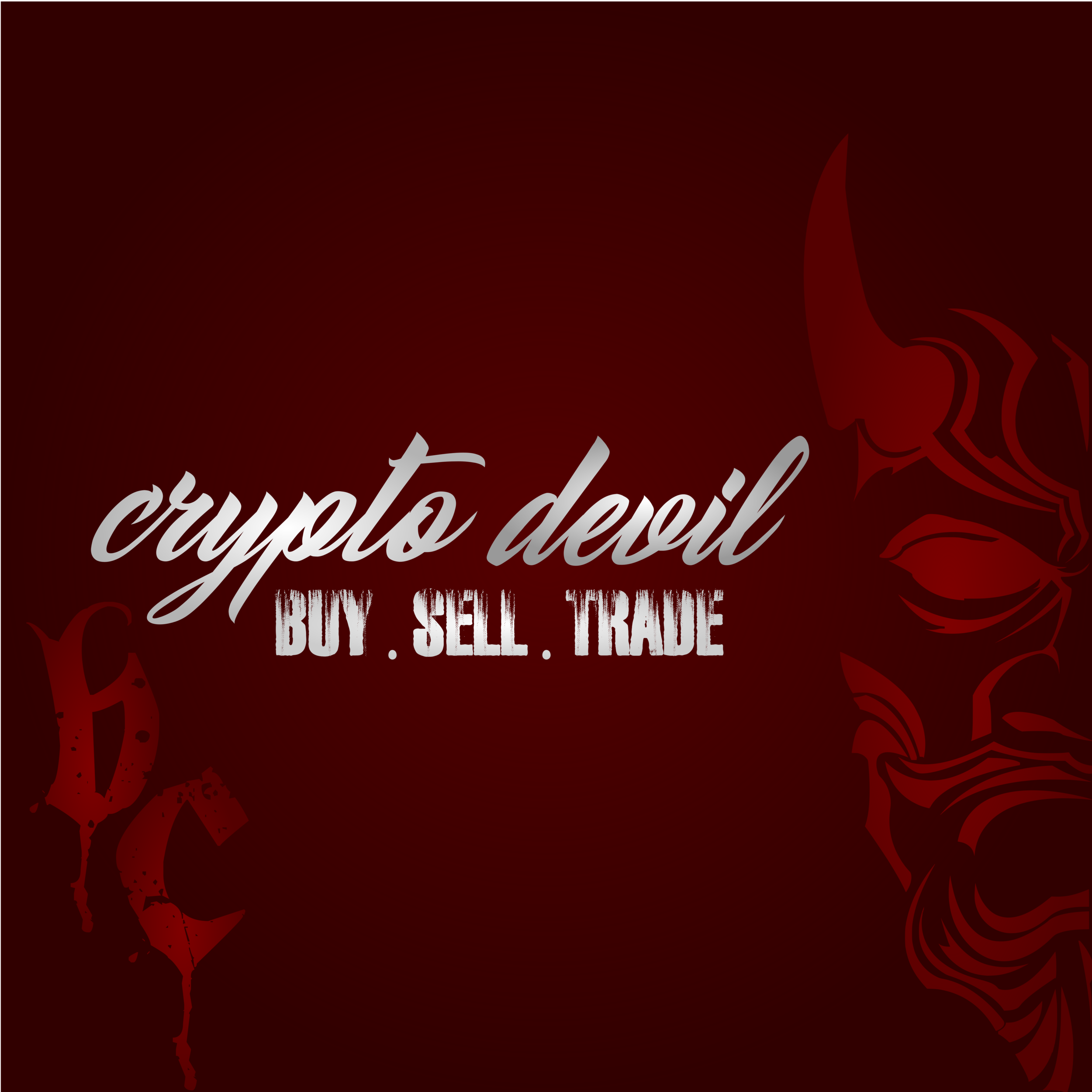 A dark red background with a oni design on the right side and cursive white text that reads crypto devil and smaller text 'buy. sell. trade' at the bottom.