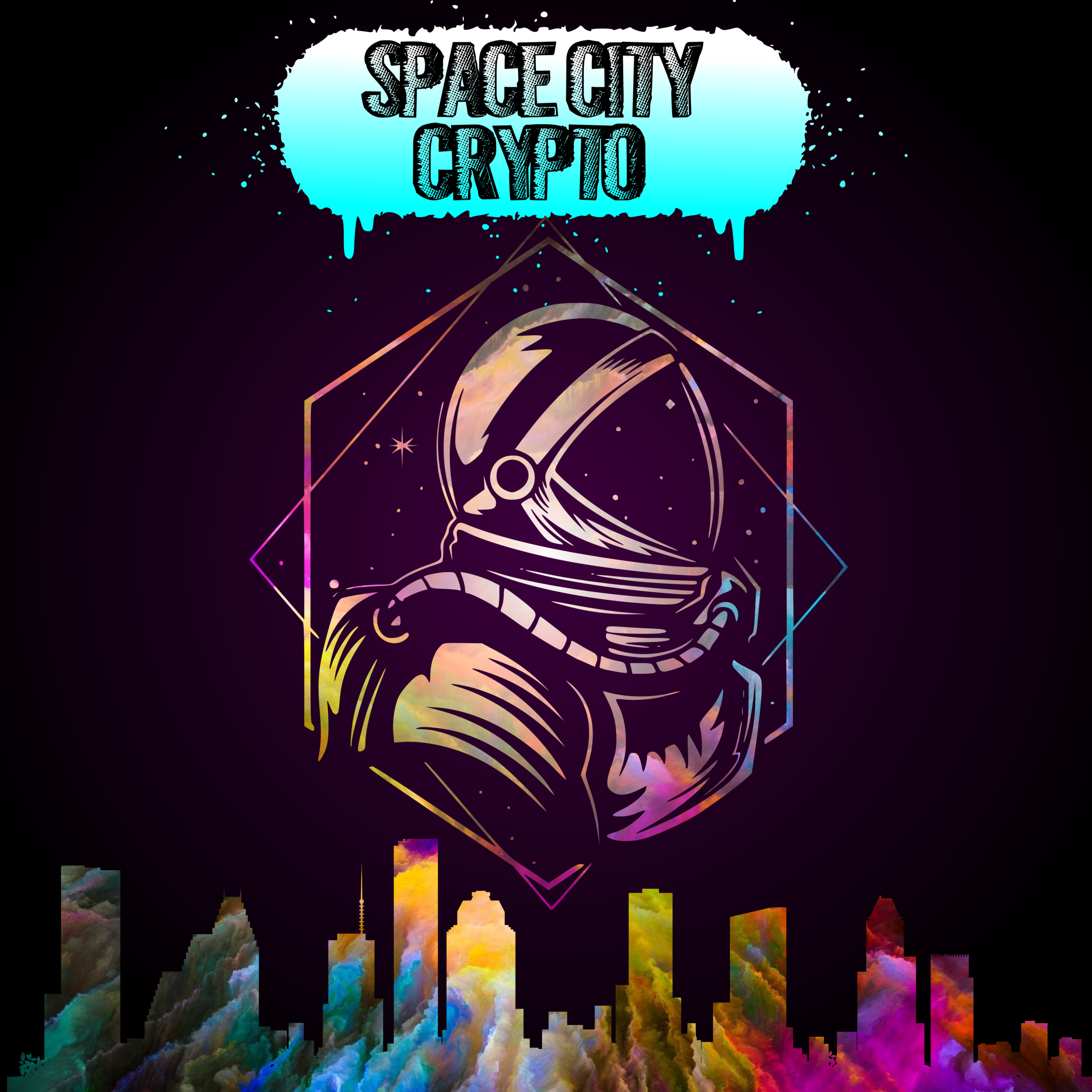 Digital graphic featuring the words "Space City Crypto" in stylized text within a blue speech bubble at the top. Below, a stylized rocket is launching, surrounded by colorful clouds and geometric shapes against a black background.