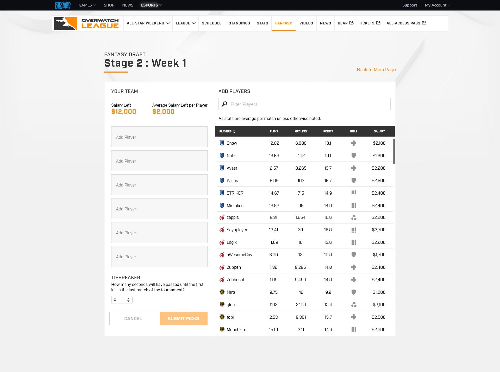Create your fantasy team
