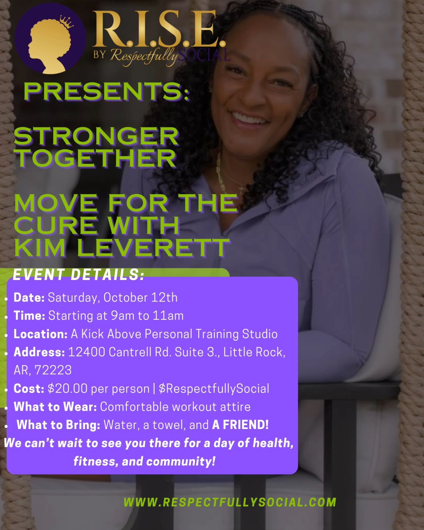 HAVE YOU REGISTERED YET?!!!

Join us for an empowering workout with fitness expert Kim Levertt as we raise awareness and take action in the fight against breast cancer! Let's unite, get moving, and make a difference. Together, we're unstoppable! 💜💪