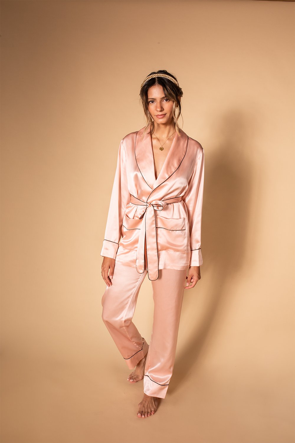 Pastel Pink Paris Silk Pyjama Set — L'escale Voyage