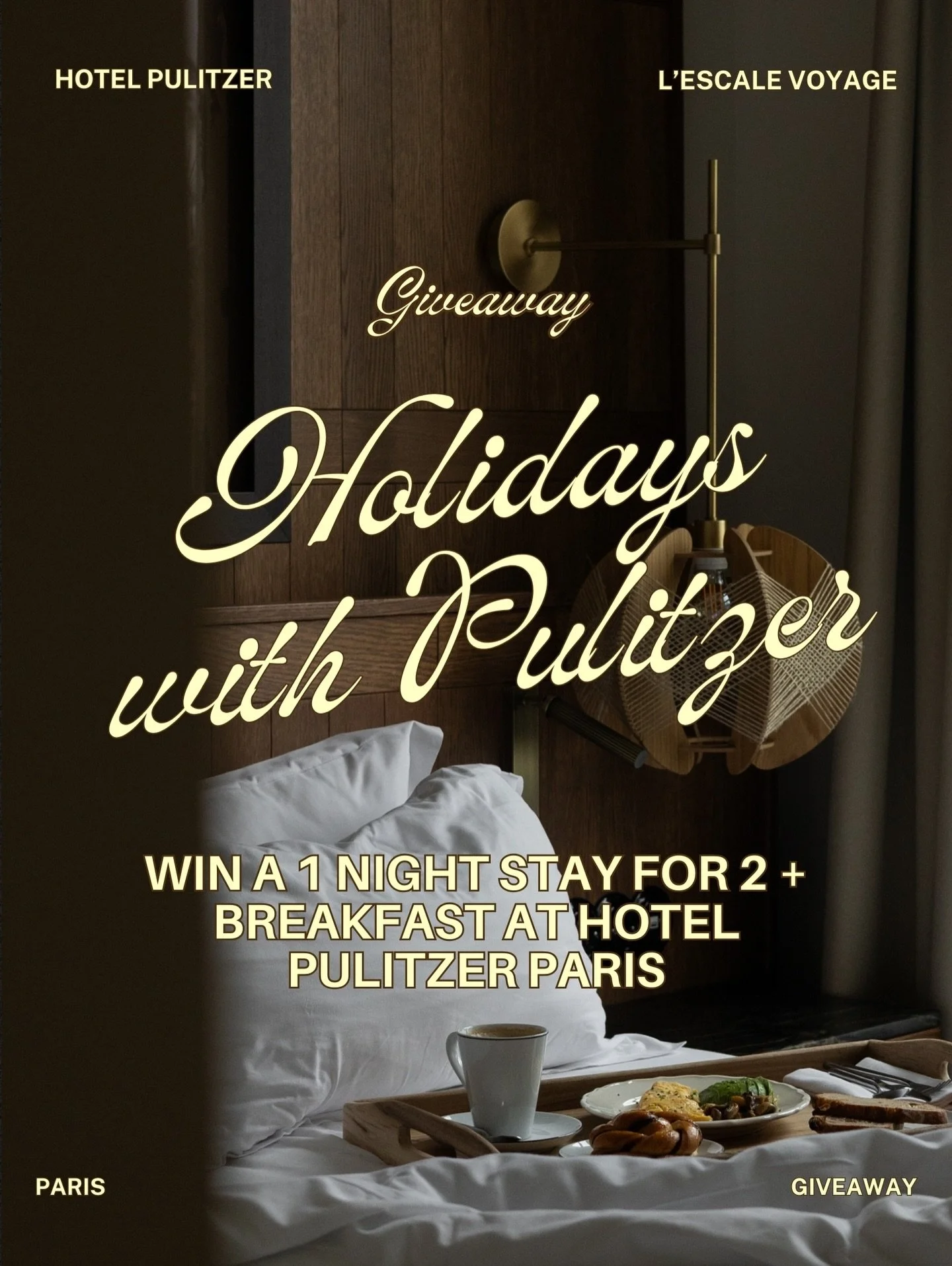 🎄Holidays with Pulitzer, win a 1-night stay for 2 with breakfast!🎄
 L&rsquo;escale Voyage and Hotel Pulitzer Paris are giving you a chance to experience Paris like never before!
 Stay in the heart of the city, wake up to a delicious breakfast, and 
