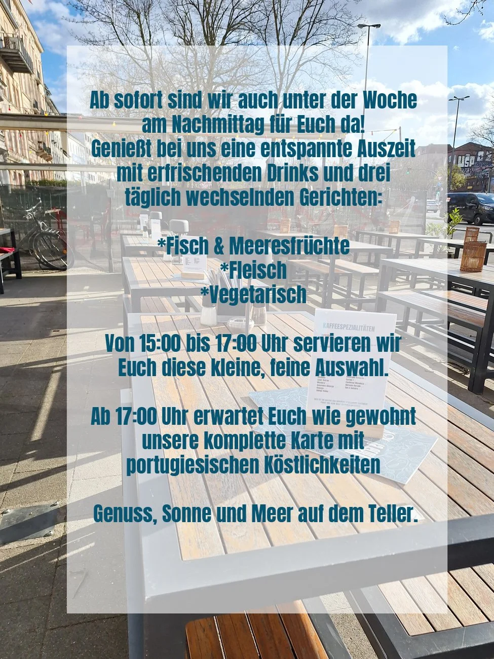 Neu: Afterwork &amp; Late Lunch bei uns! ☀️

G&ouml;nnt Euch unter der Woche eine entspannte Pause am Nachmittag &ndash; ob sp&auml;ter Lunch oder ein Drink zum Feierabend.

Von 15:00 bis 17:00 Uhr servieren wir Euch drei t&auml;glich wechselnde Geri