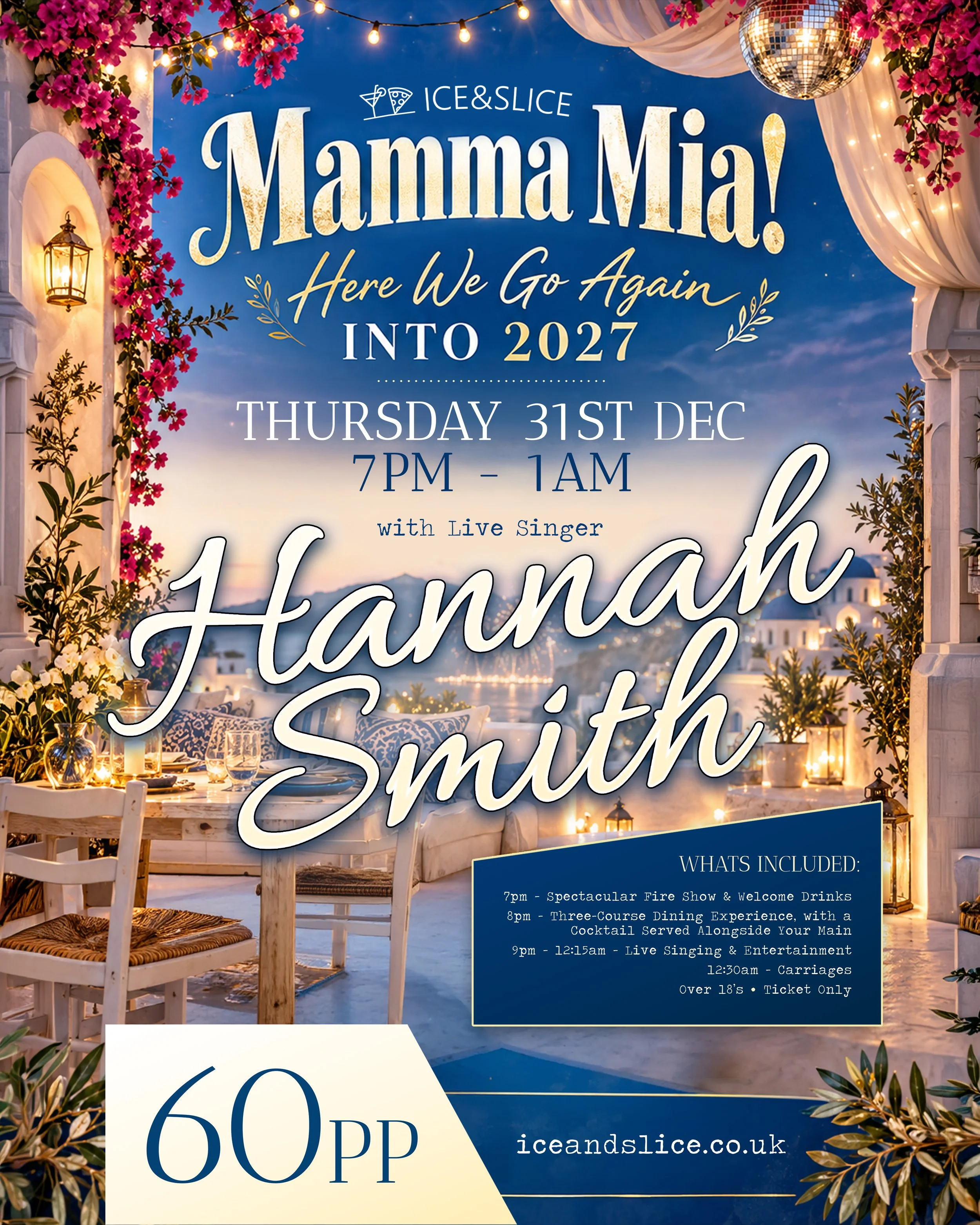A festive outdoor event space decorated with pink flowers, fairy lights, and lanterns. An elegant dining setup is visible with a scenic background of a water body and buildings at sunset. The invitation signs indicate a celebration called "Mamma Mia!" happening on December 31st, 2026, from 7 PM to 1 AM, with entertainment, dining, and live music activities.