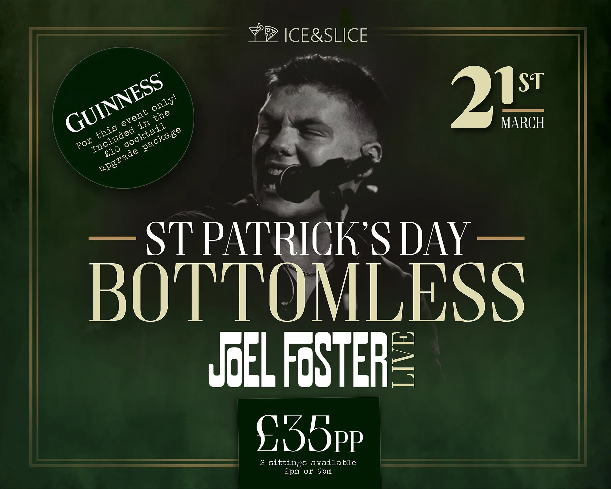 Event poster for a St. Patrick's Day live music performance by Bottomless Joel Foster on March 21st, featuring a green and black theme with a black and white image of a male singer.