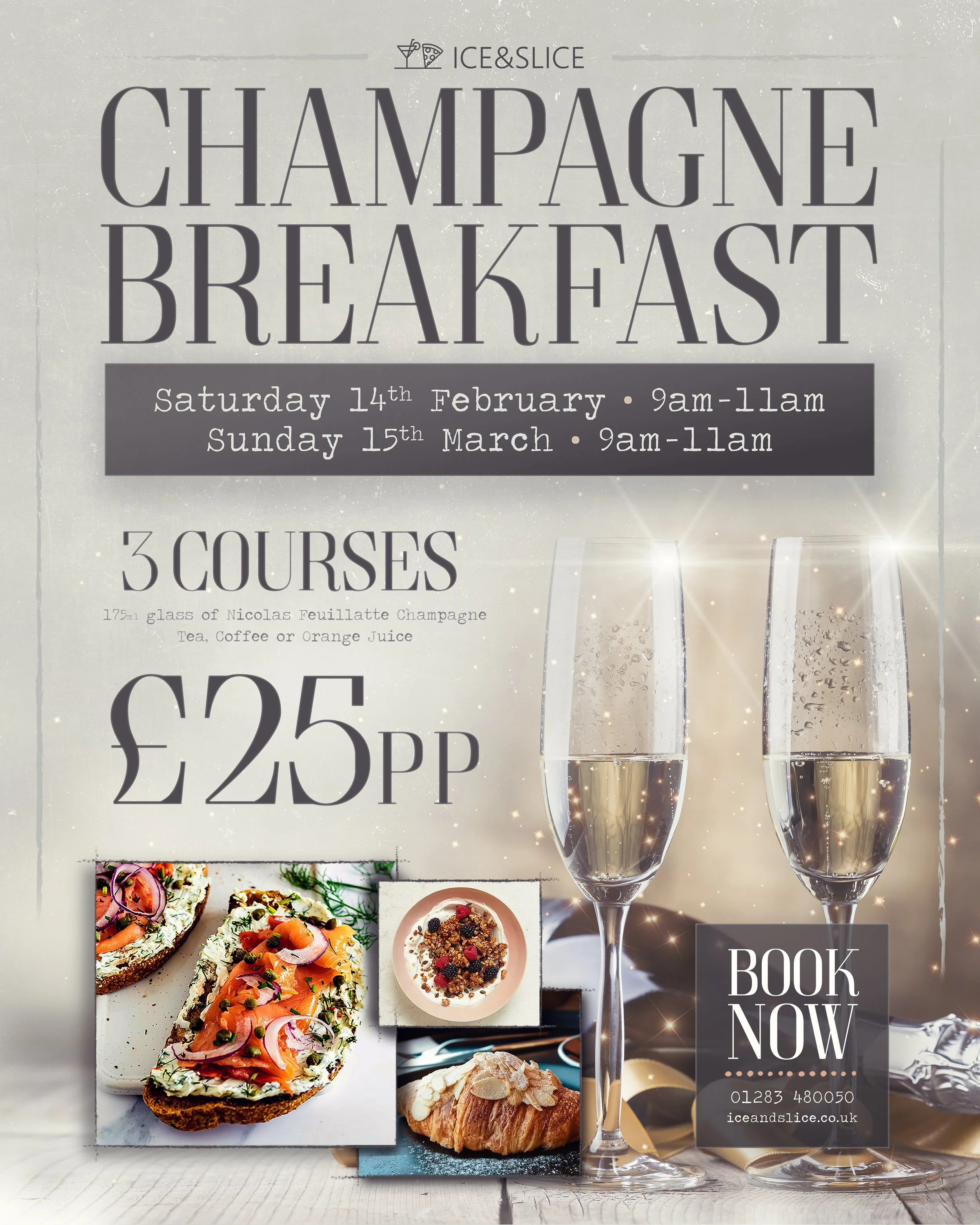 Advertisement for a champagne breakfast event with two glasses of champagne, photos of breakfast foods, event dates and times, price, and booking information.