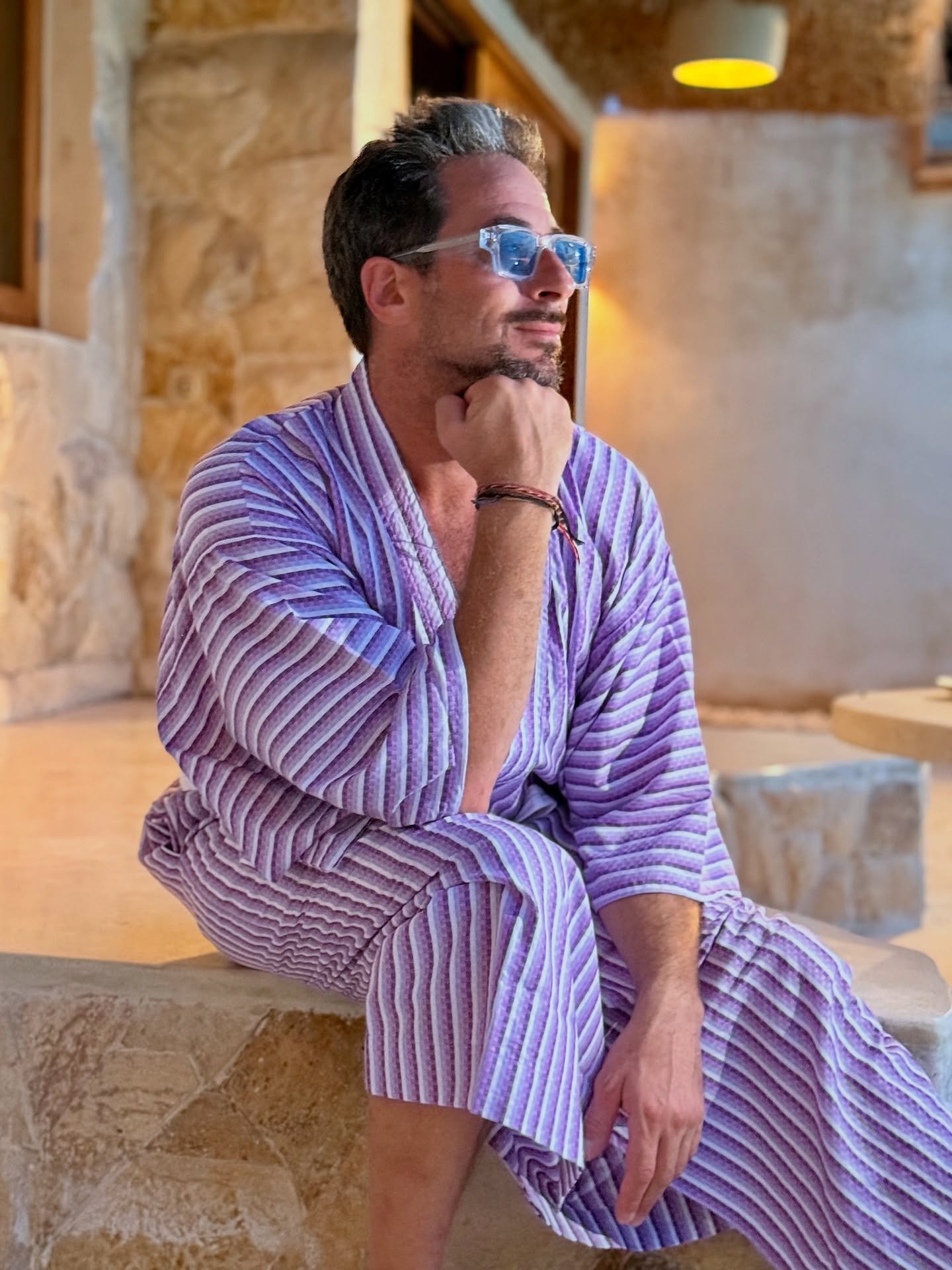 To celebrate the birth of @labianca_villa , we created a special edition of our Original Kimono, a textured Jacquard cotton in soft lavender and white stripes, both structured and light, bold and subtle. A true reflection of the place it was made for
