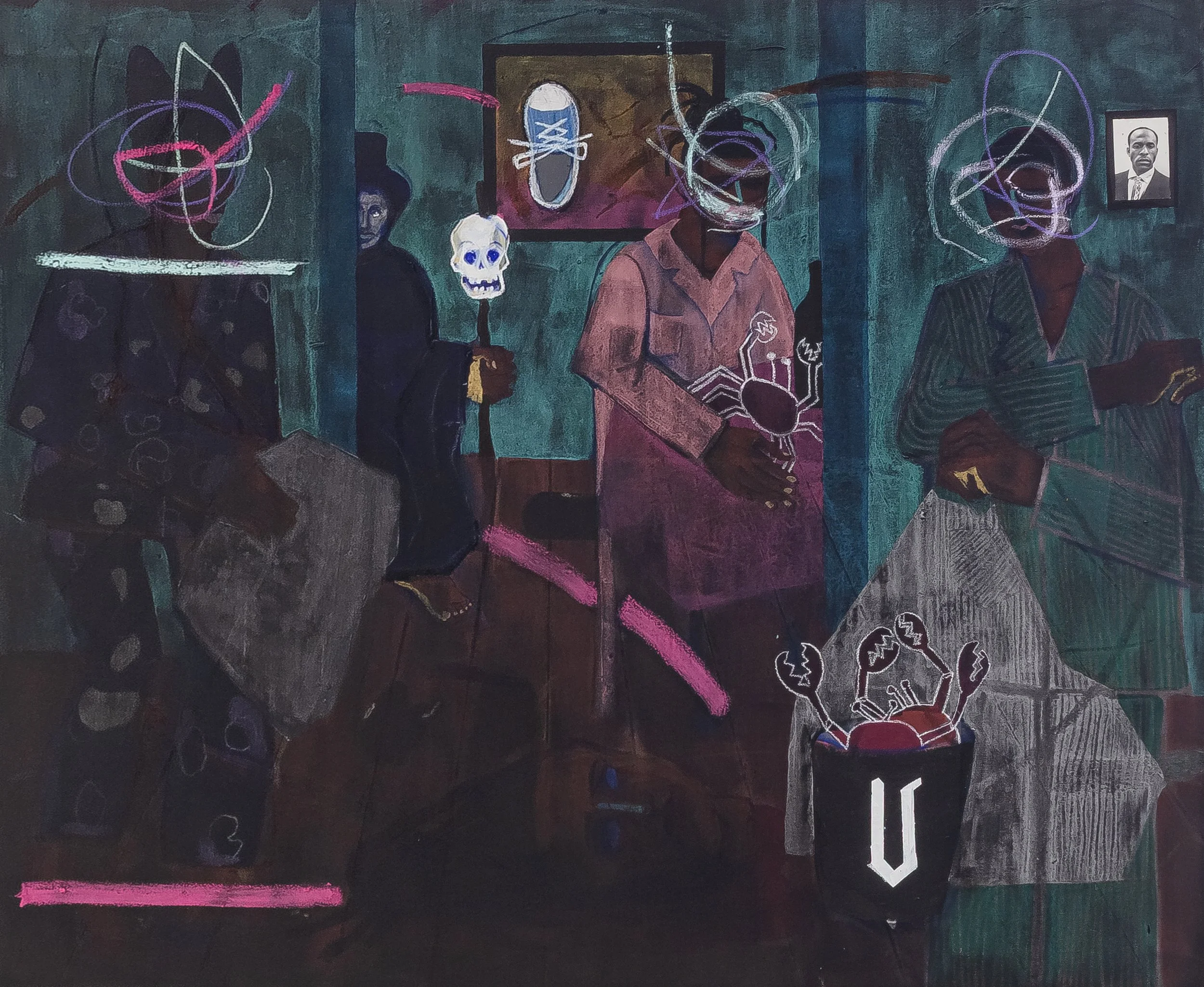 Ramo | Abel’s Gurufin or the Black Folks Who Think Like Crabs in a Bucket, 2024-2025, mixed media on canvas, 150 x 180 cm