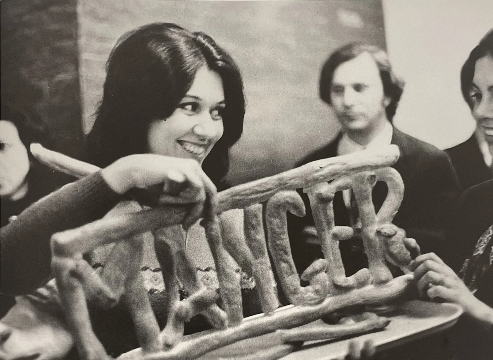 Cybèle Varela with her work Manger (Eat) during the opening of her exhibition at the Galerie Debret in Paris, 1972