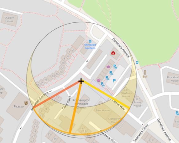 Here comes the sun, thinking about placement of the polytunnel.  image shows a map with a circle to highlight what part of the garden will get sunshine. 