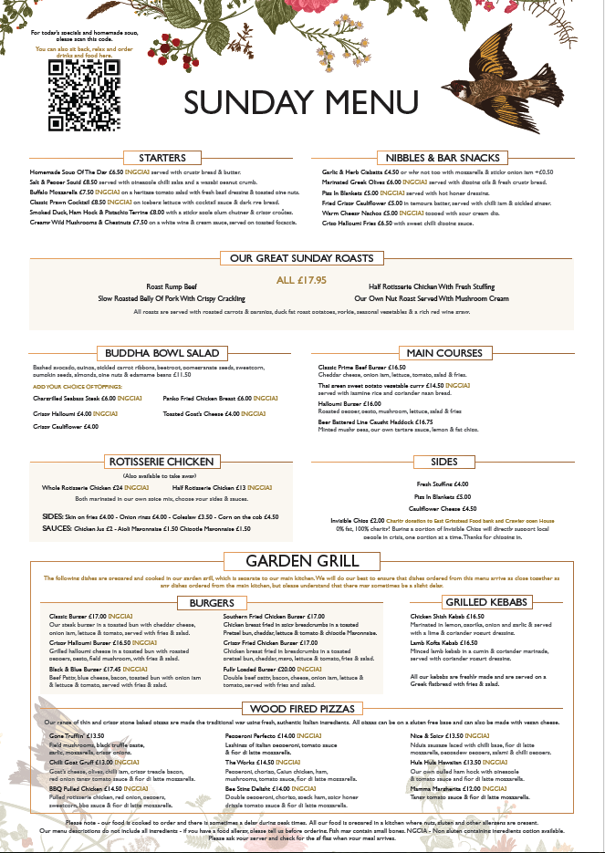 The Star Inn, Sunday Menu