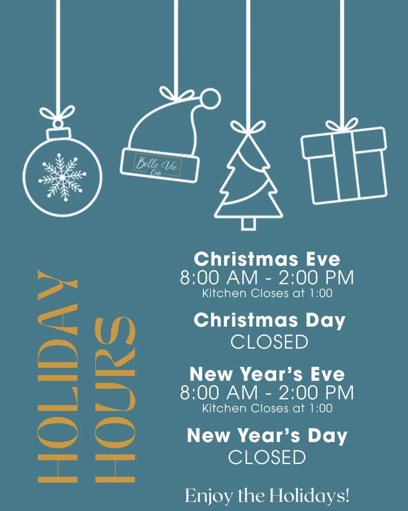 Check out our Holidays Hours . Wishing you all Happy Holidays and a Happy New Year . We appreciate all your support and kindness and we are looking forward to serve you in the amazing 2026 too. #belleviecafe #guilford #guilfordct #guilfordgreen #cafe