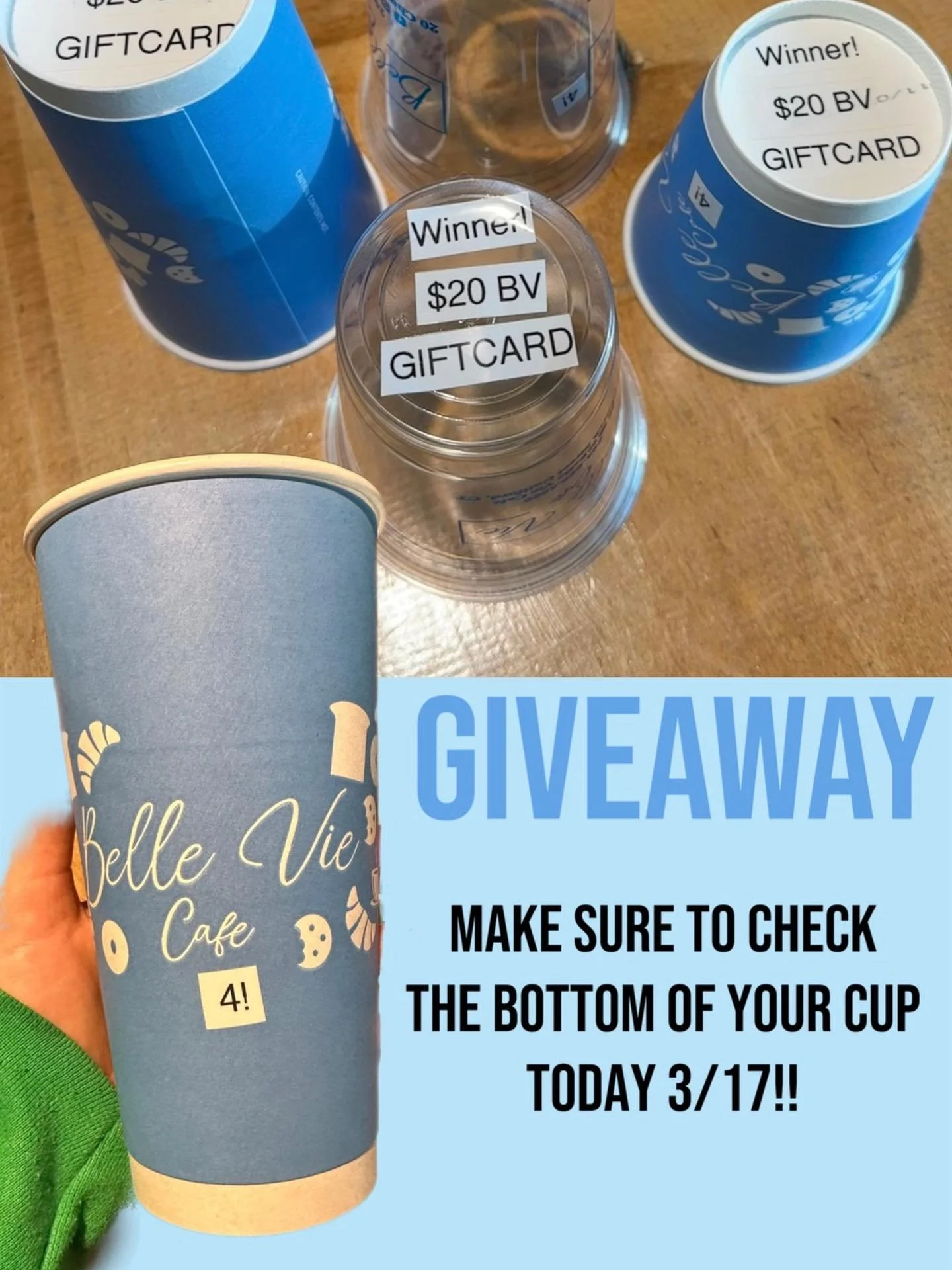 4 YEAR GIVEAWAY!!
we are giving away 4 $20 Belle vie gift cards today 3/17 in honor of our 4 year anniversary!!

Make sure to stop in to have a chance of winning!! And check the bottom of your cup!!
🫶🏻 #belleviecafe #4years #giveaway #yay