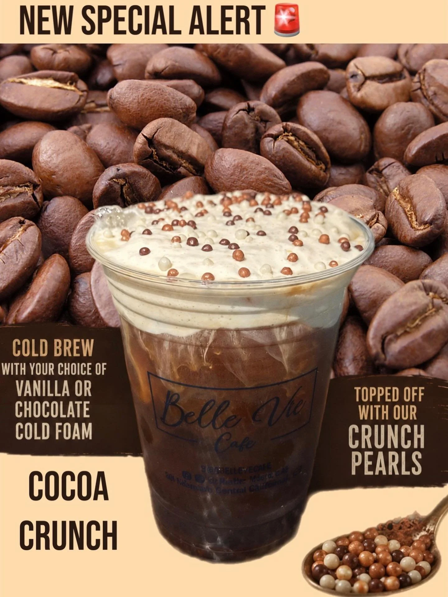 New Special Alert🚨🚨🚨
THE COCOA CRUNCH!!
Cold brew with your choice of vanilla or chocolate cold foam! 
Topped with our chocolate crunch pearls!! 
This one&rsquo;s a must try!! 😉🍫
#new #specials #guilfordct #belleviecafe #coldbrew